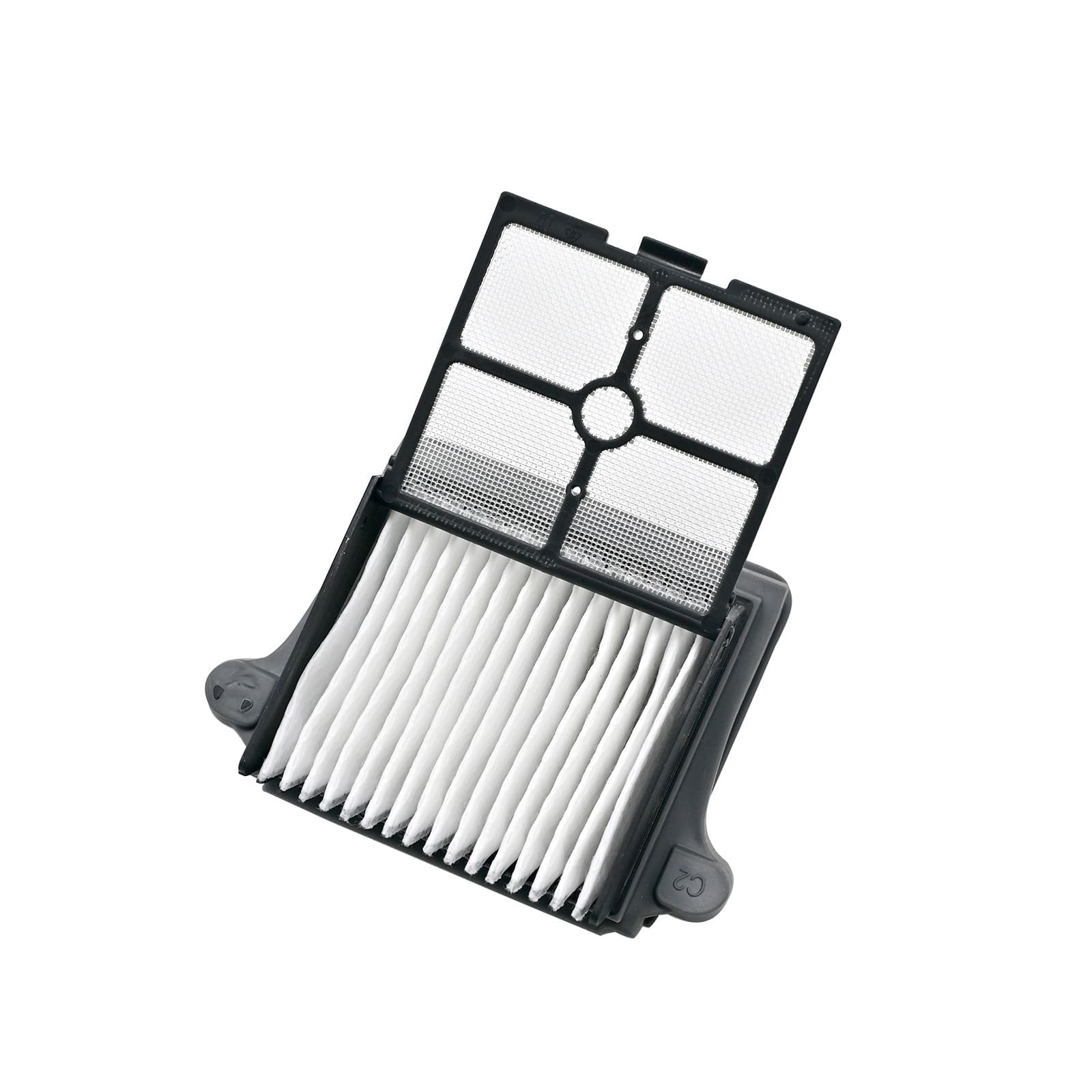 Ein schwarzer Filter mit weißen Falten und einem Gitterdeckel.