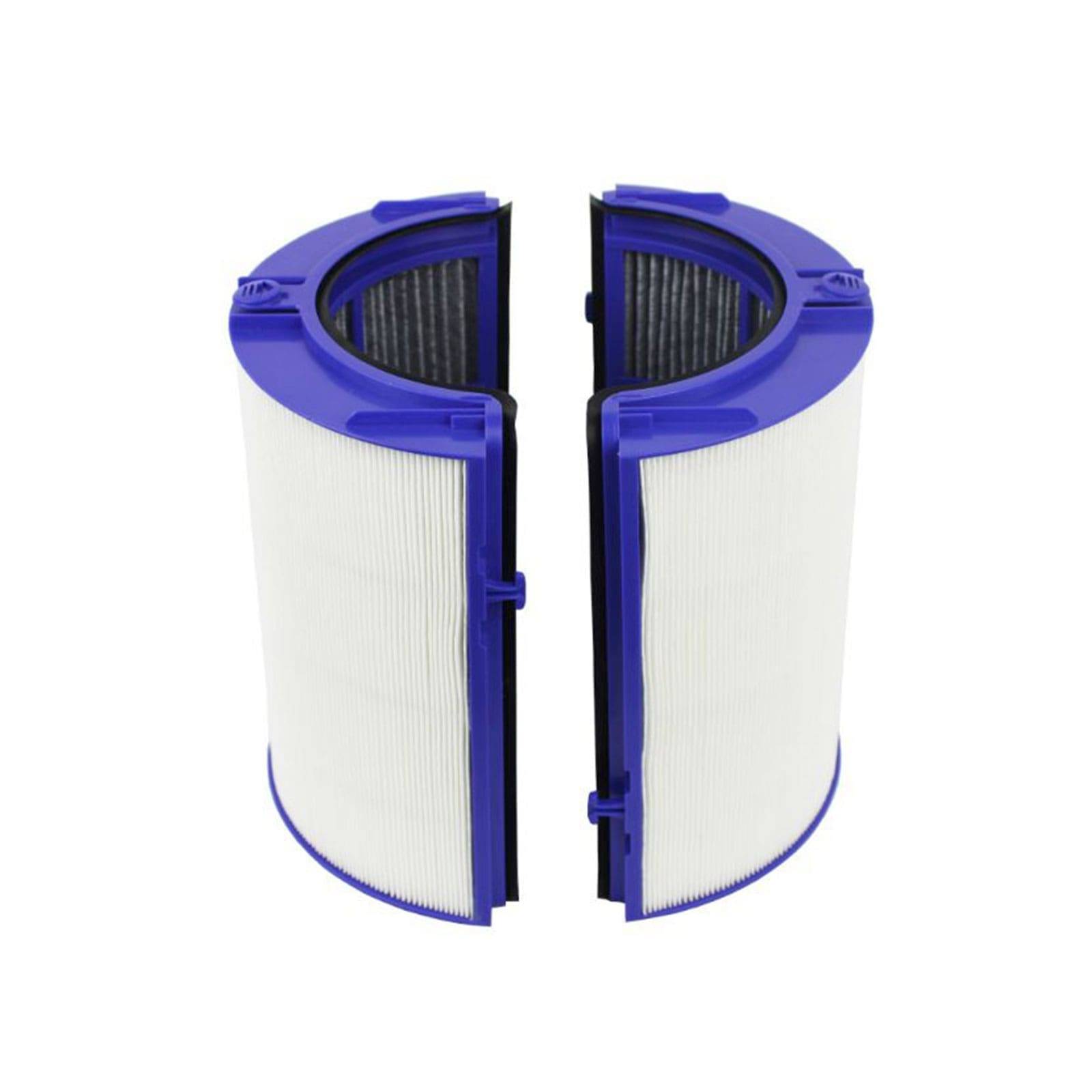 Zwei Filterelemente mit blauem Rahmen und weißem Faltenpapier vor weißem Hintergrund.