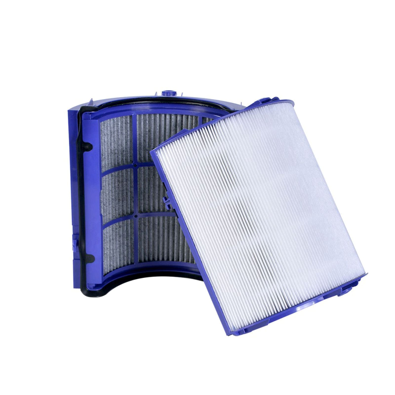 Ein blauer Staubsaugerfilter mit zwei Teilen, einem Gitter und einem gefalteten Filter.