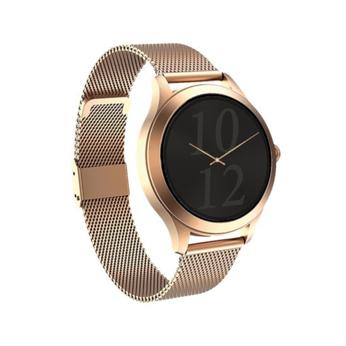 Eine roségoldene Smartwatch mit schwarzem Zifferblatt und Milanaise-Armband.