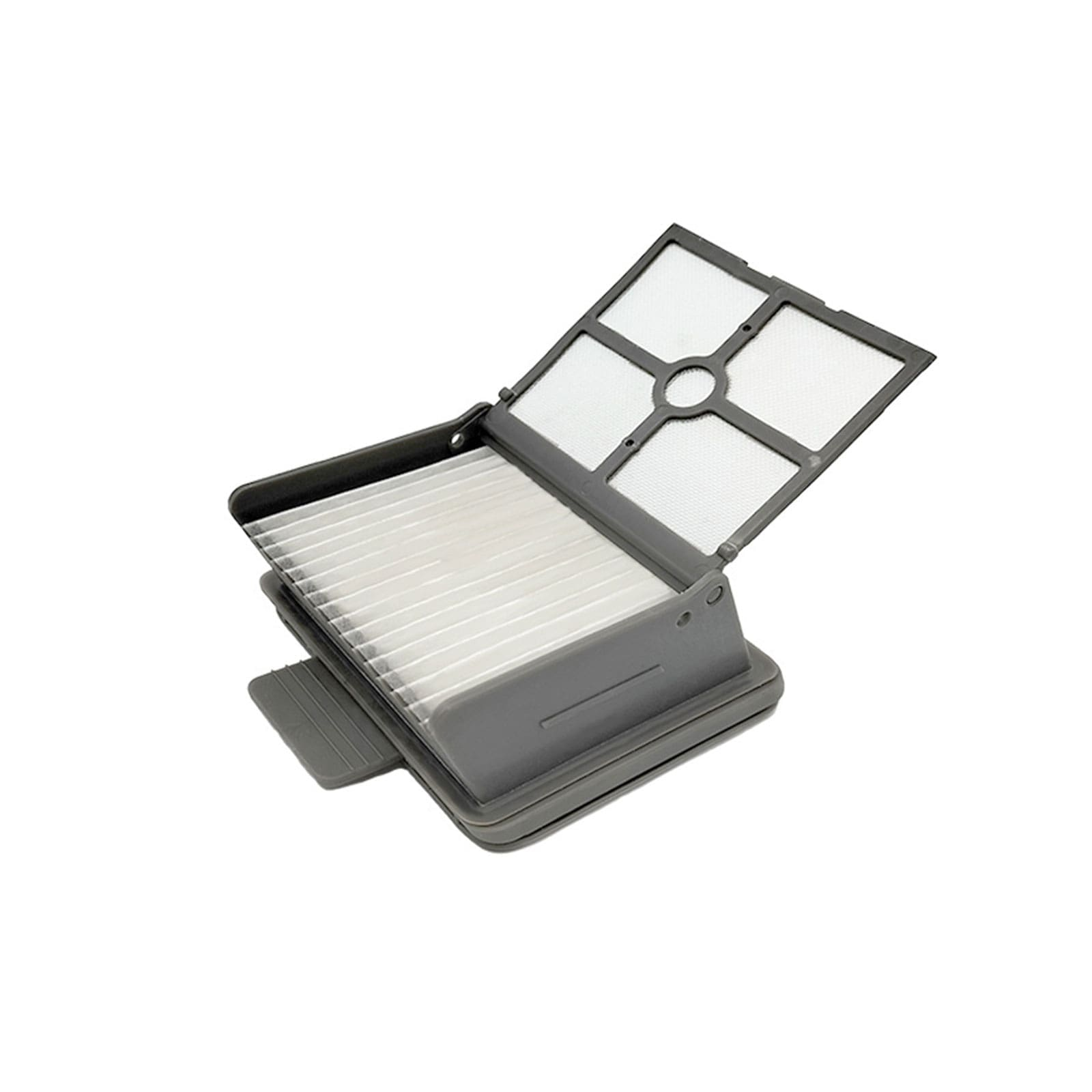 Grauer Staubsaugerfilter mit mehreren Lamellen und einem aufklappbaren Netzdeckel.