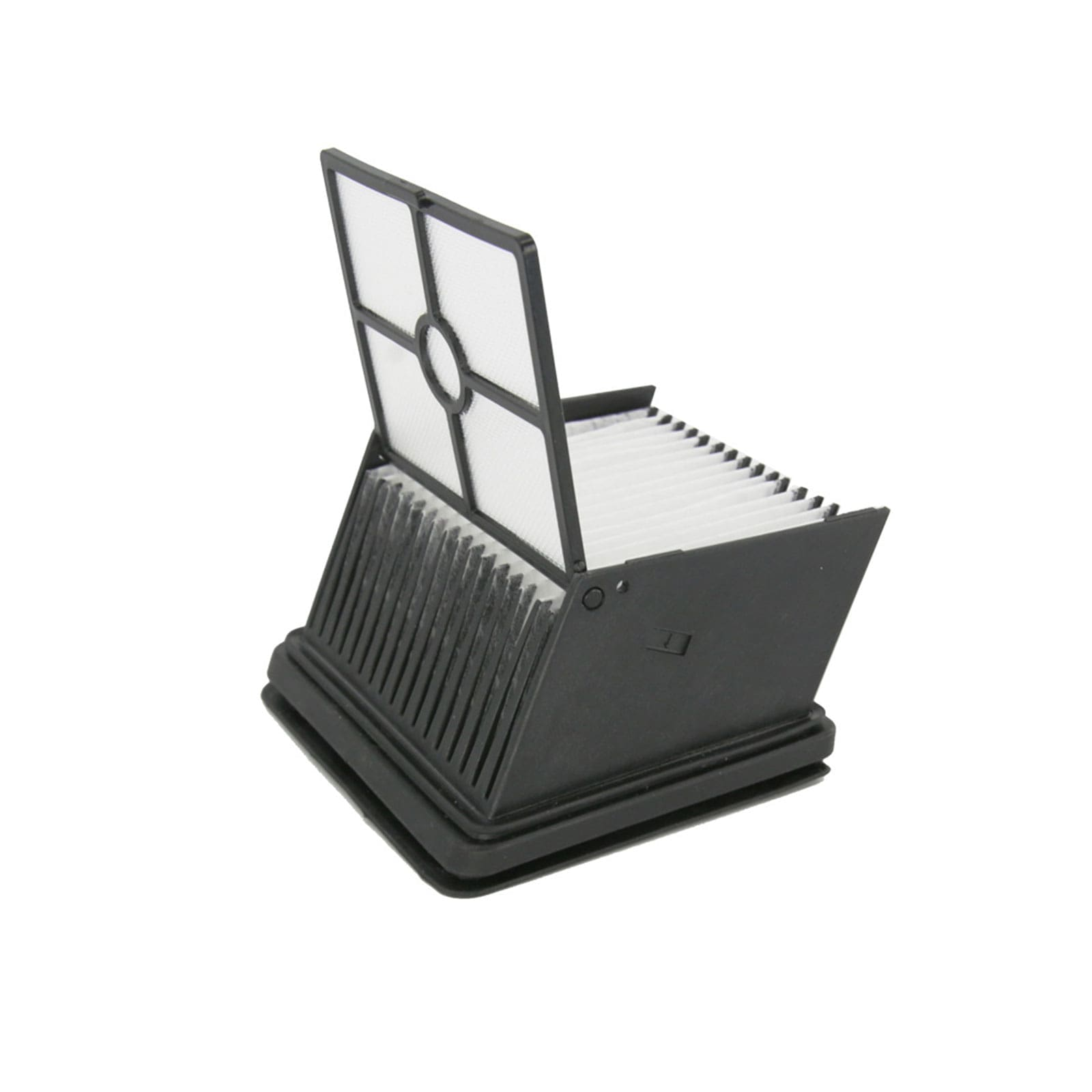 Ein schwarzer Luftfilter mit weißen Lamellen und einem aufgestellten Gitter.
