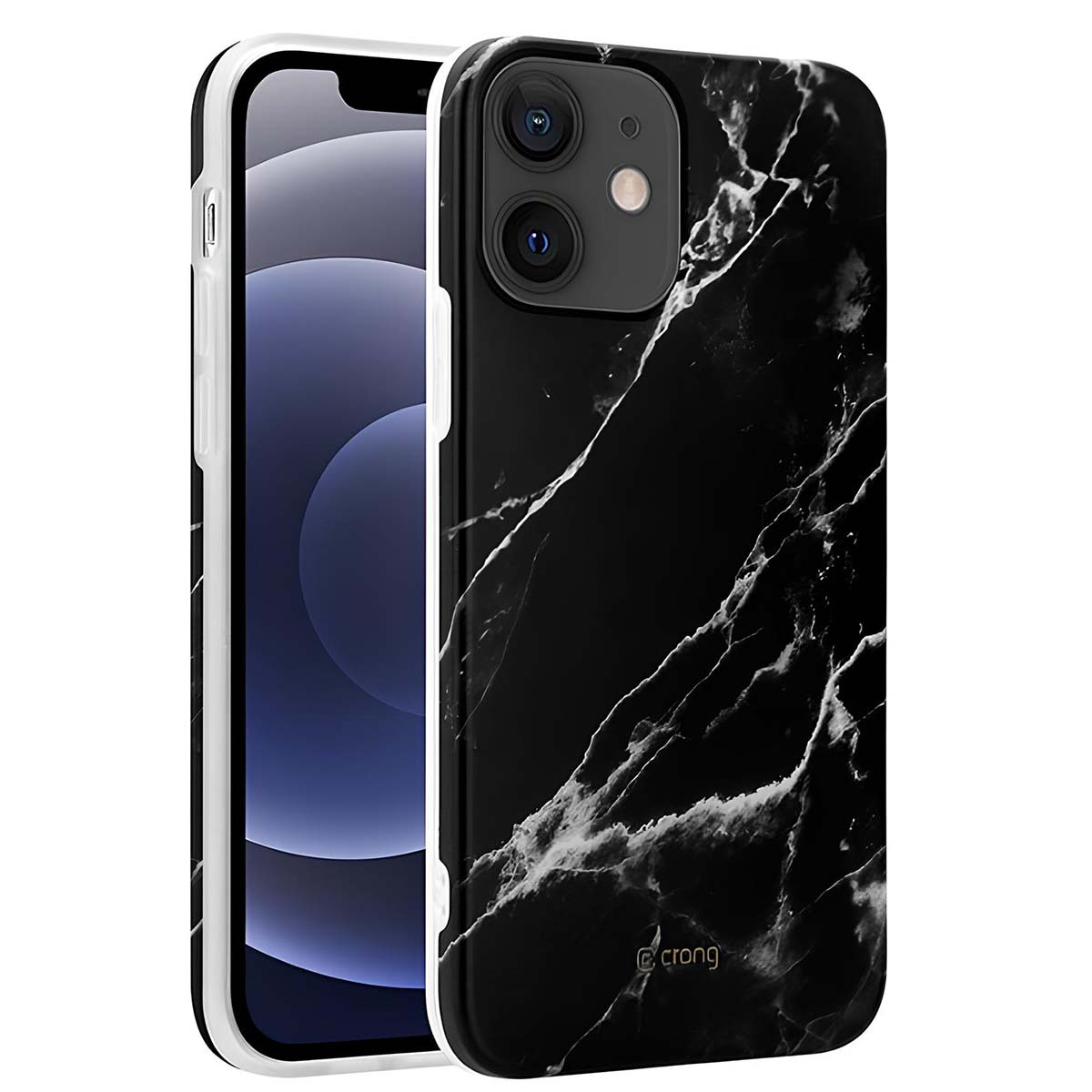 Custodia per telefono nera con motivo marmo e venature bianche.
