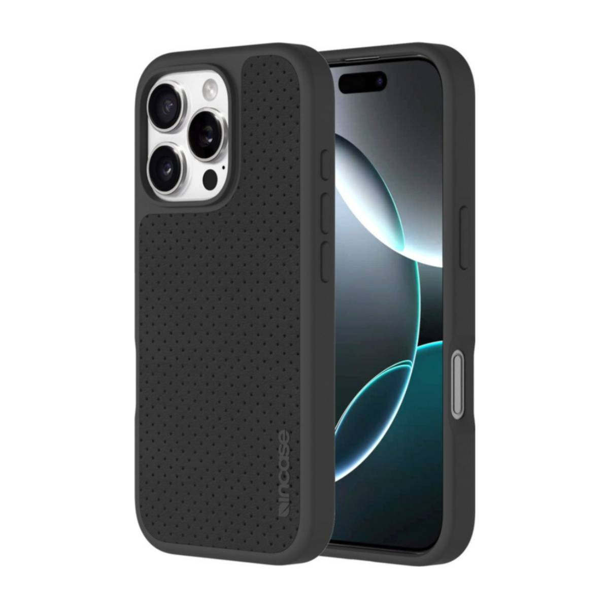 Una custodia nera per iPhone con motivo traforato e parte di un iPhone.