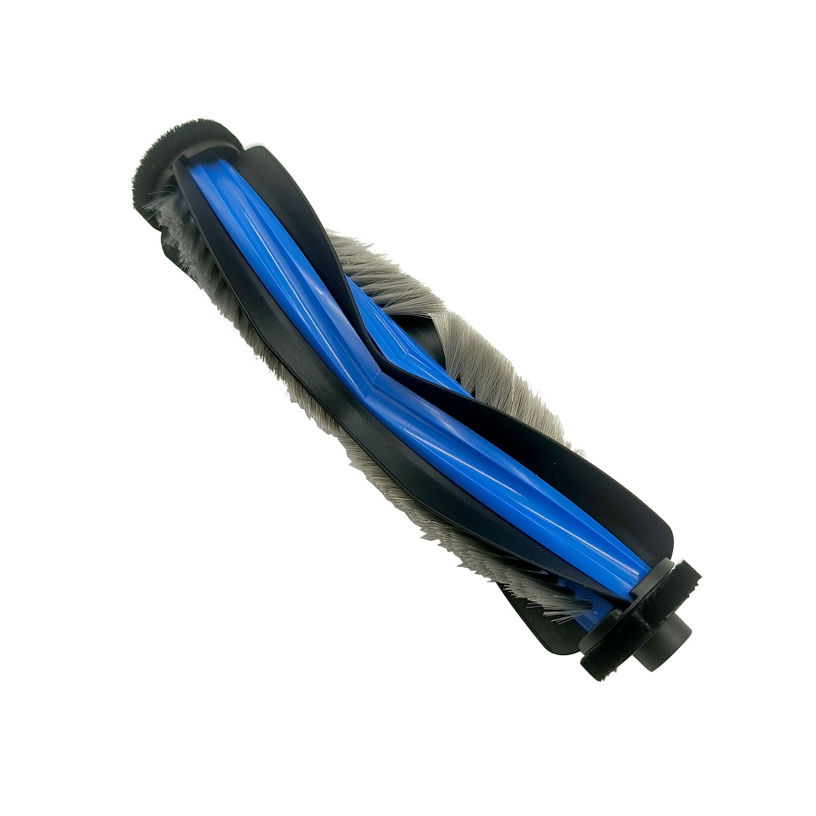 Eine blaue und schwarze Bürste mit grauen Borsten auf weißem Hintergrund.