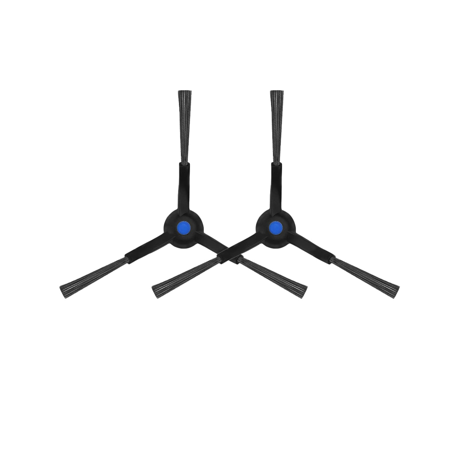 Zwei schwarze Seitenbürsten mit blauen Akzenten, weißer Hintergrund.