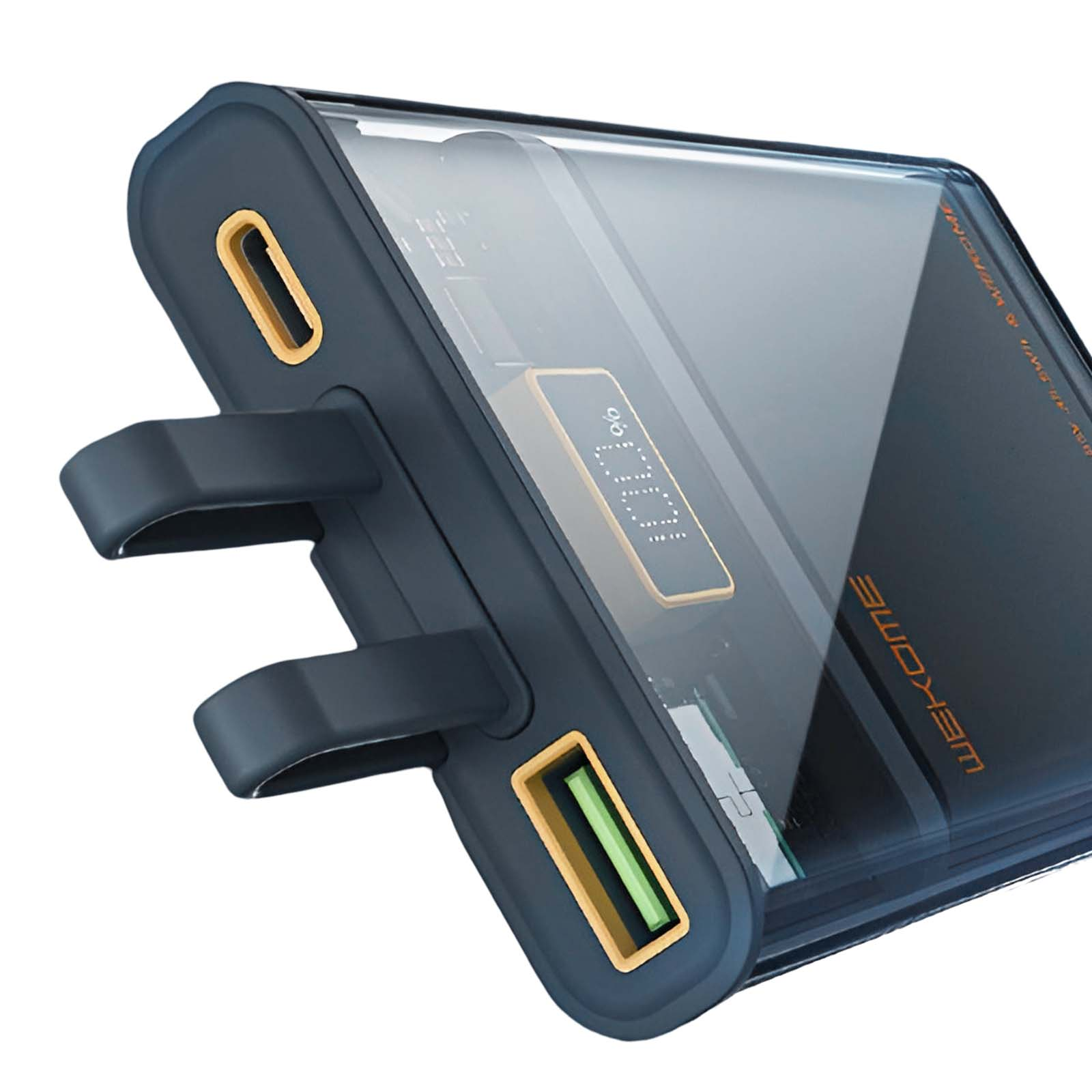 Une power bank sombre et transparente avec des accents jaunes et un écran numérique.