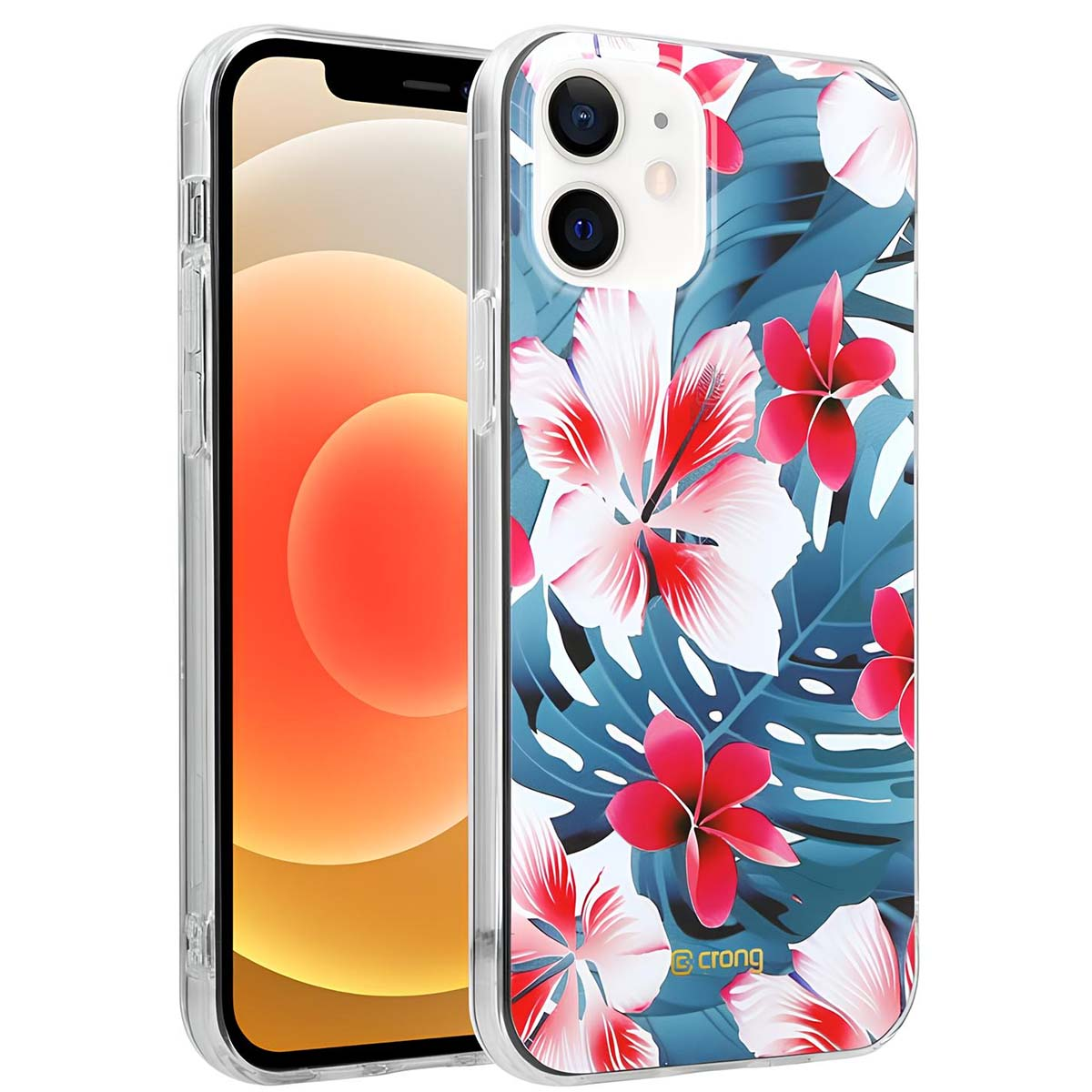 Una cover trasparente per telefono con fantasia floreale tropicale