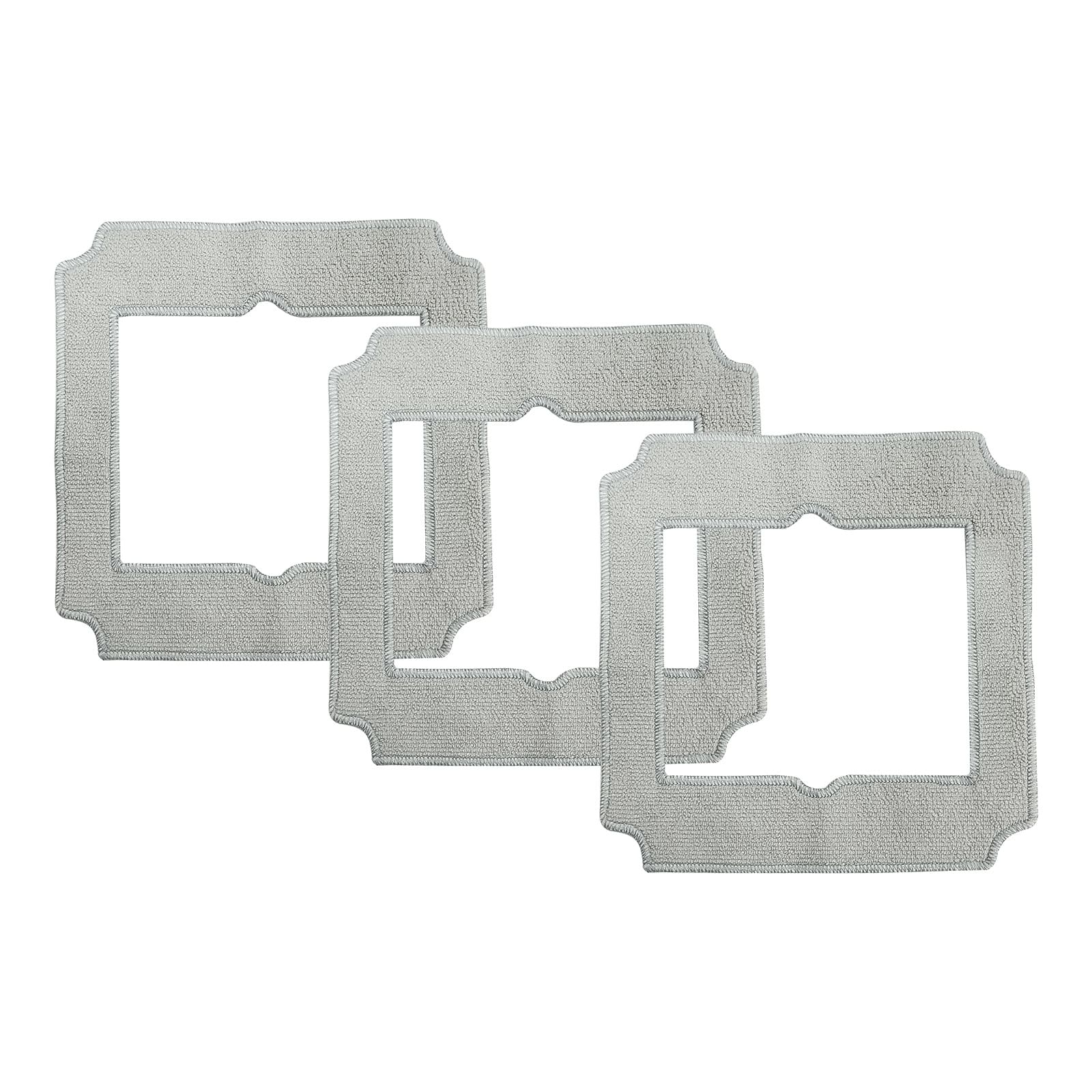 Drei graue Mikrofaser-Pads mit Ausschnitten, auf weißem Hintergrund.