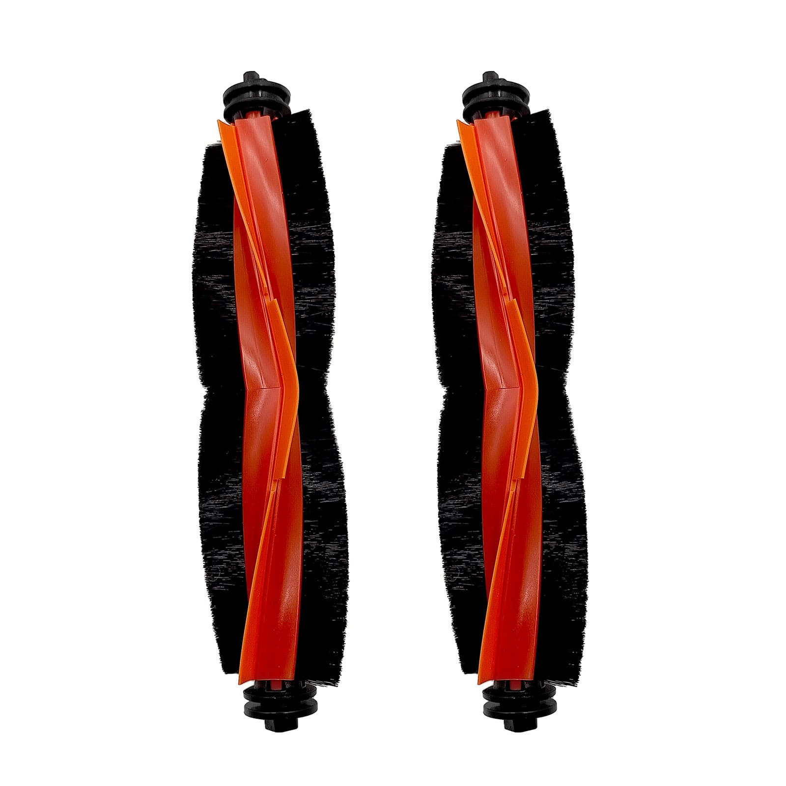 Zwei schwarze Bürsten mit orangefarbenen Einsätzen und schwarzen Kappen.