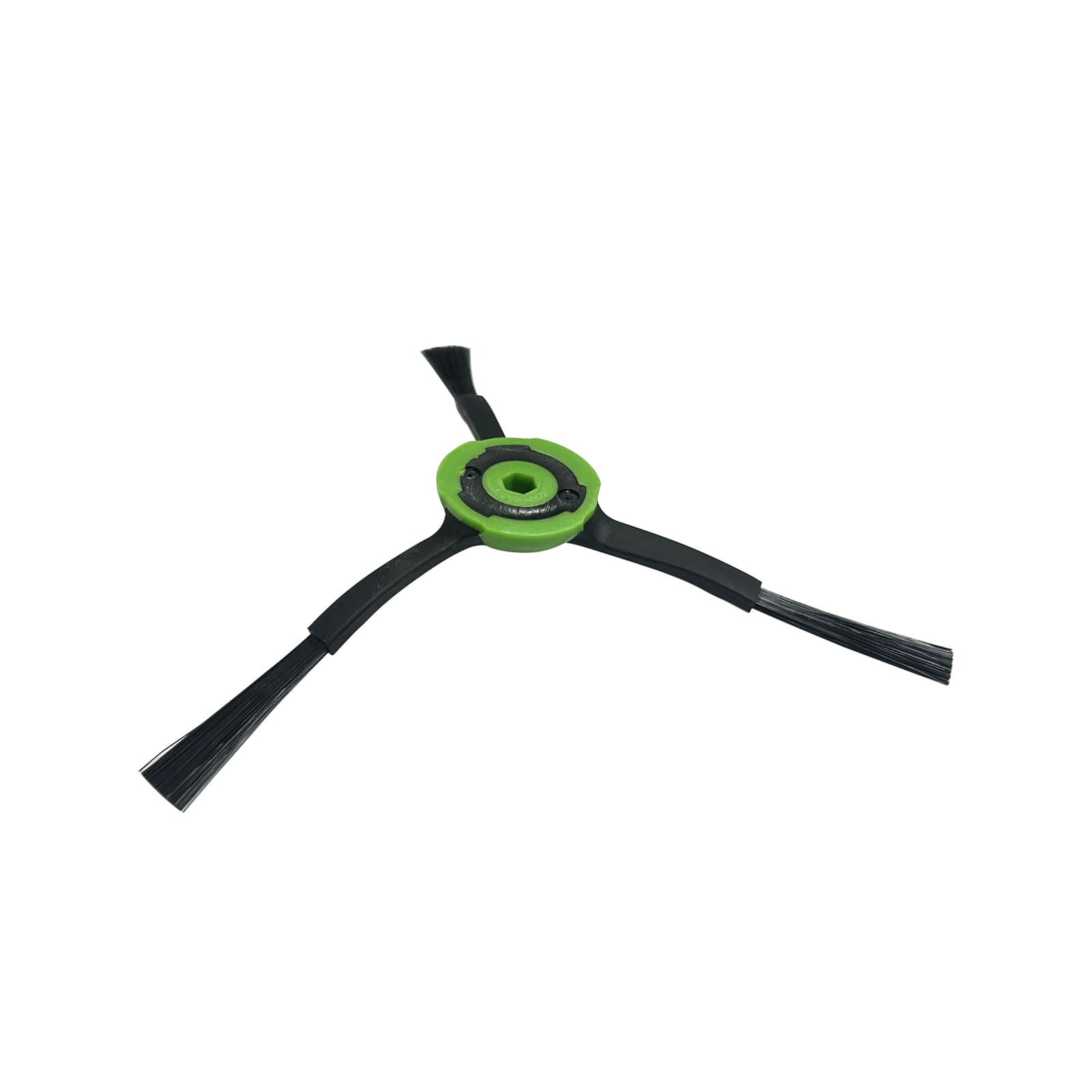 Une tête de brosse latérale de robot aspirateur verte avec trois bras de poils noirs.