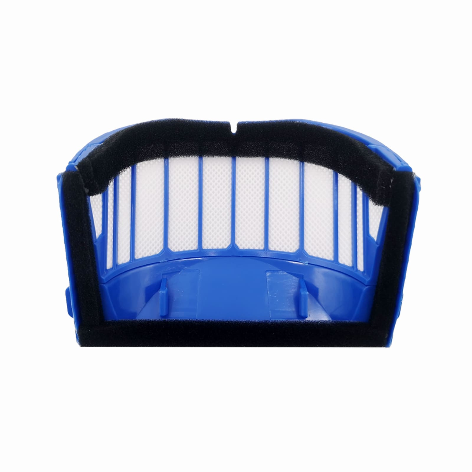 Ein blauer Staubsaugerfilter mit schwarzem Schaumstoffrand und weißem Netz.