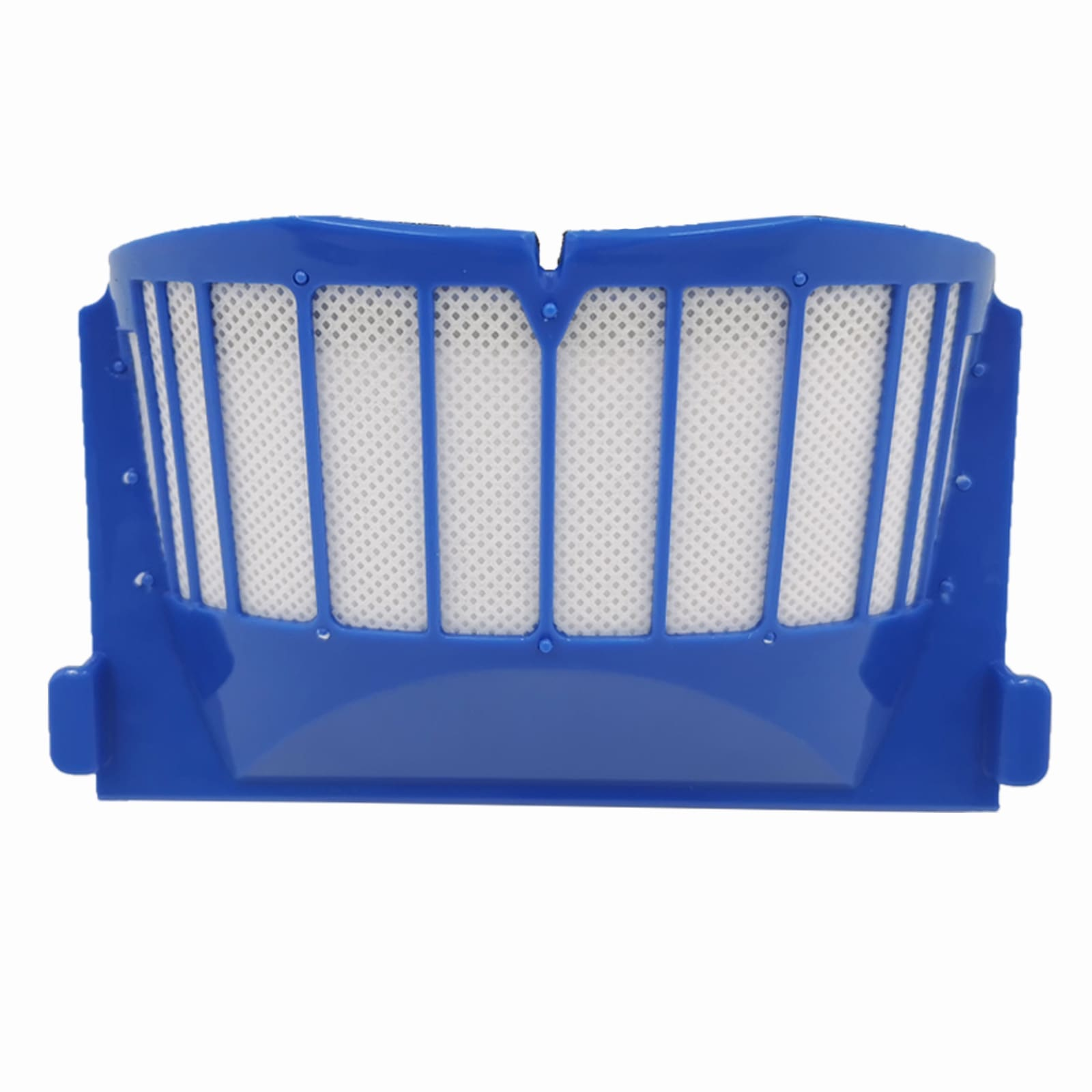 Ein blauer rechteckiger Kunststofffilter mit einem weißen Gitter.
