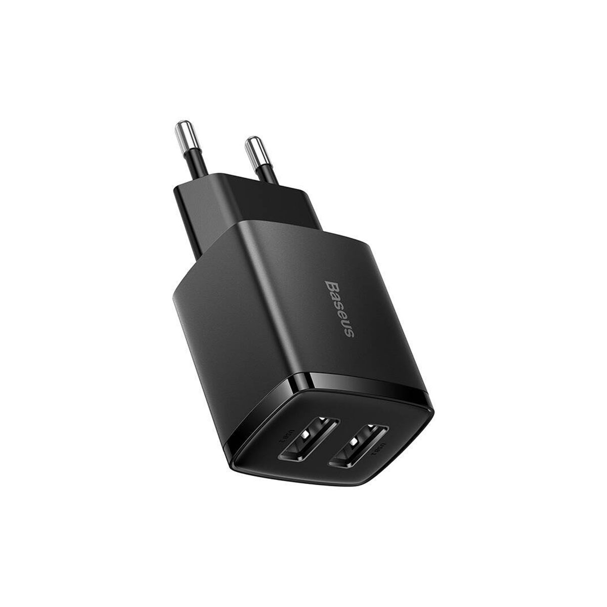 Adattatore caricabatterie USB nero con due porte e pin pieghevoli.