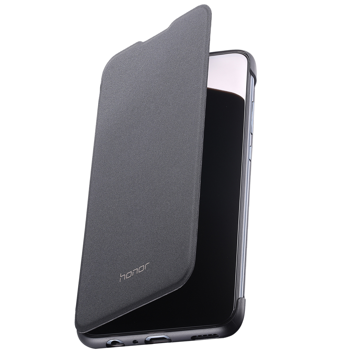 Custodia grigia per telefono Honor con flip aperto che rivela lo schermo nero.