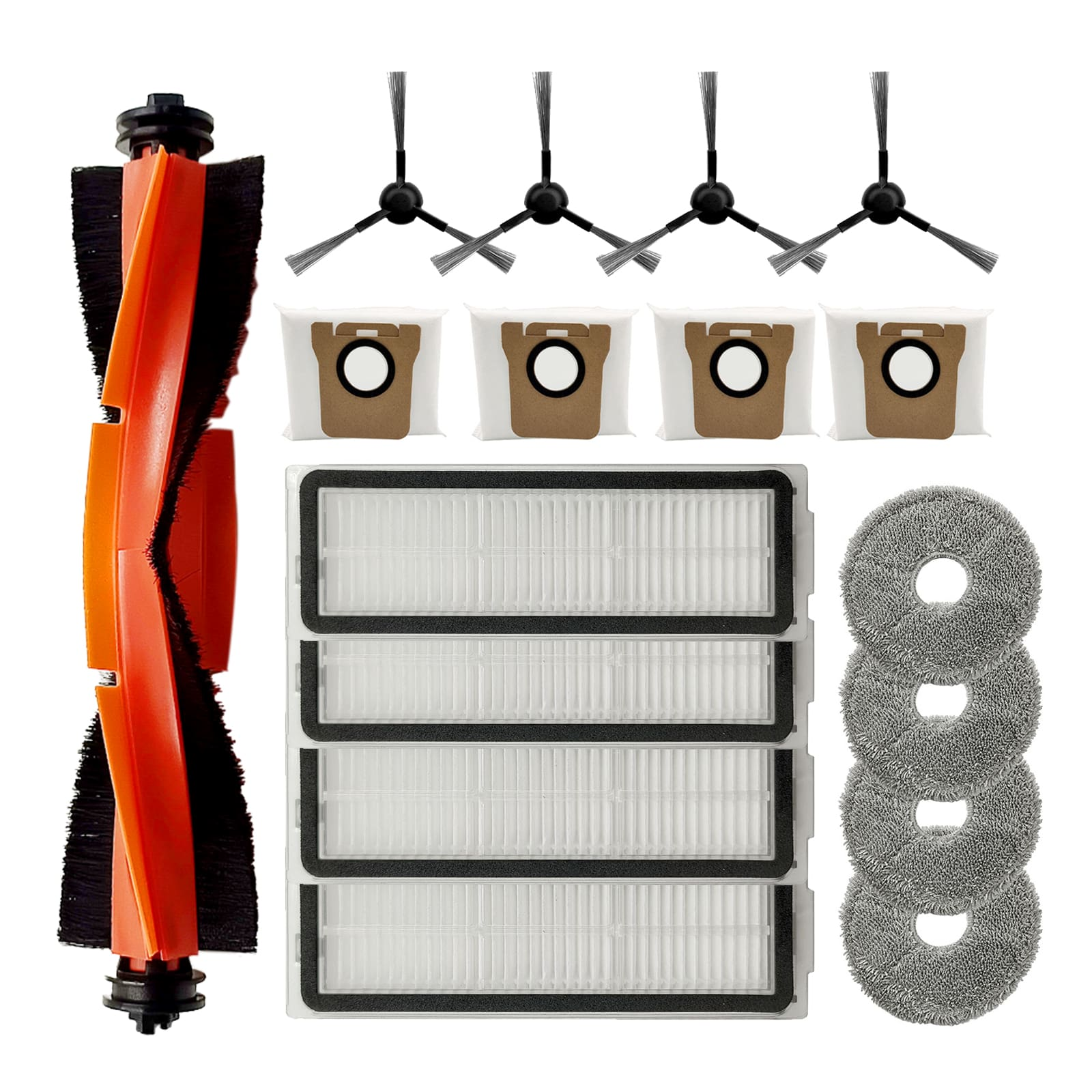 Reinigungszubehör für Roboter: orange Bürste, Filter, Staubbeutel, Mopppads.