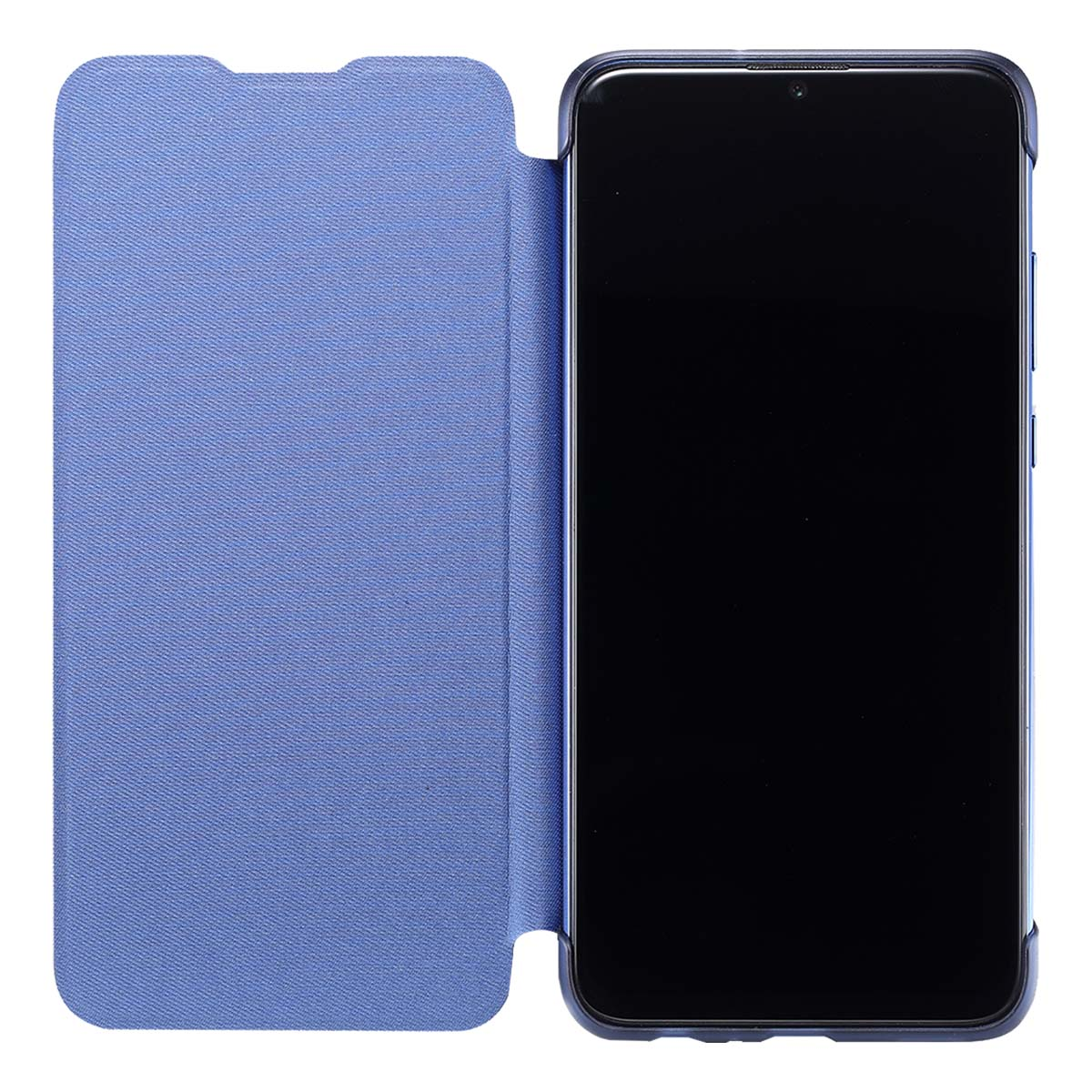 Una funda de libro azul para teléfono, abierta, mostrando pantalla negra.