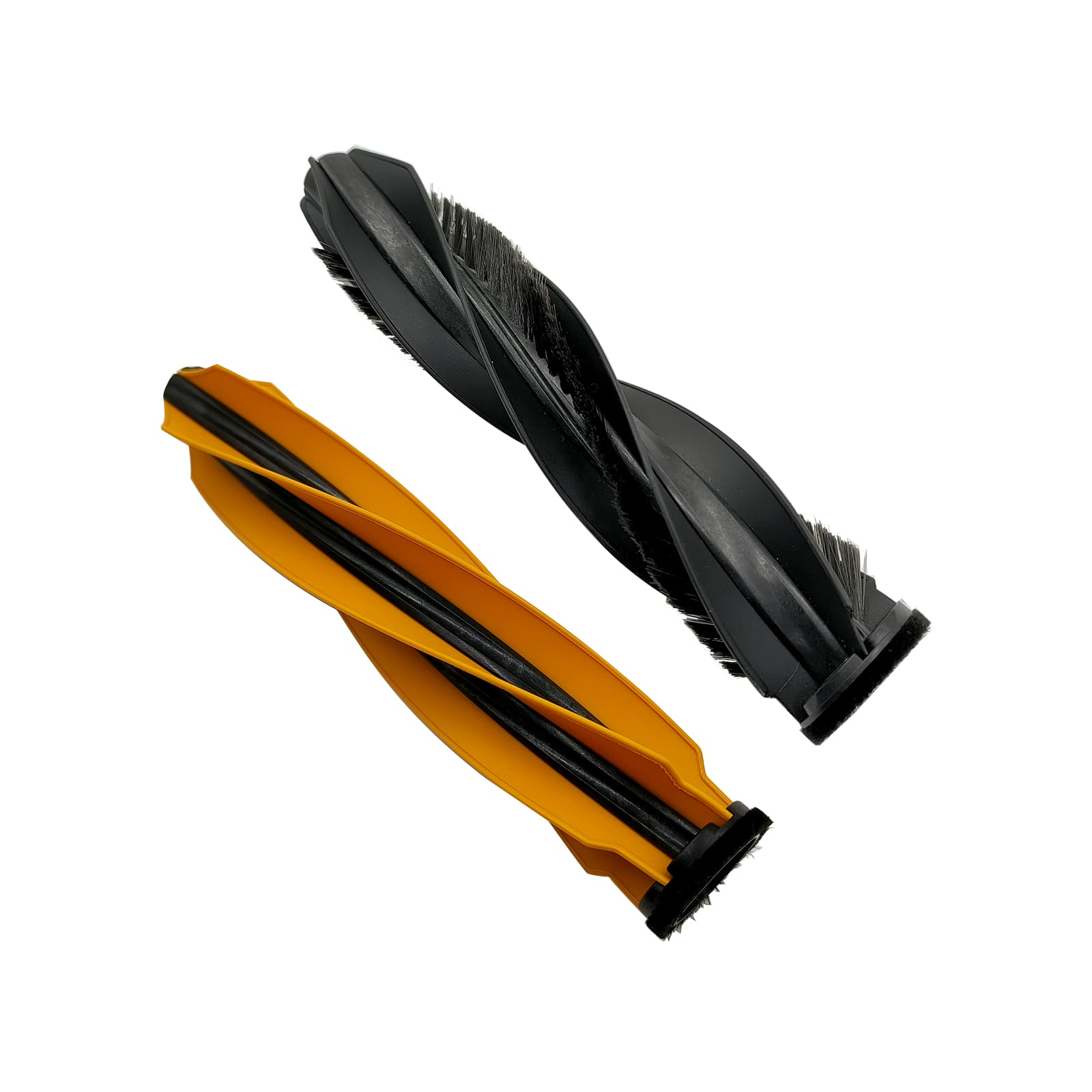 Zwei Bürstenköpfe: einer schwarz, einer orange, mit Borsten.