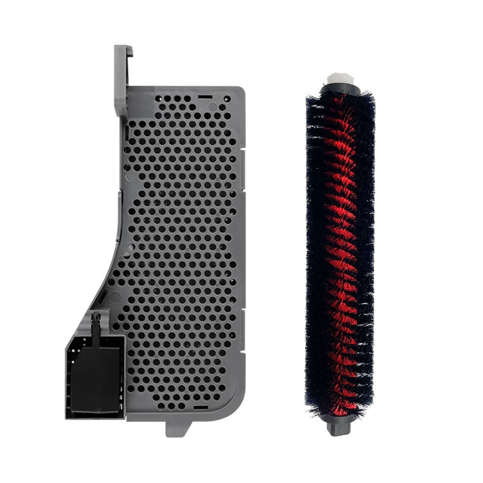 Grauer Staubsaugerfilter und Bürstenrolle mit schwarzen und roten Borsten.
