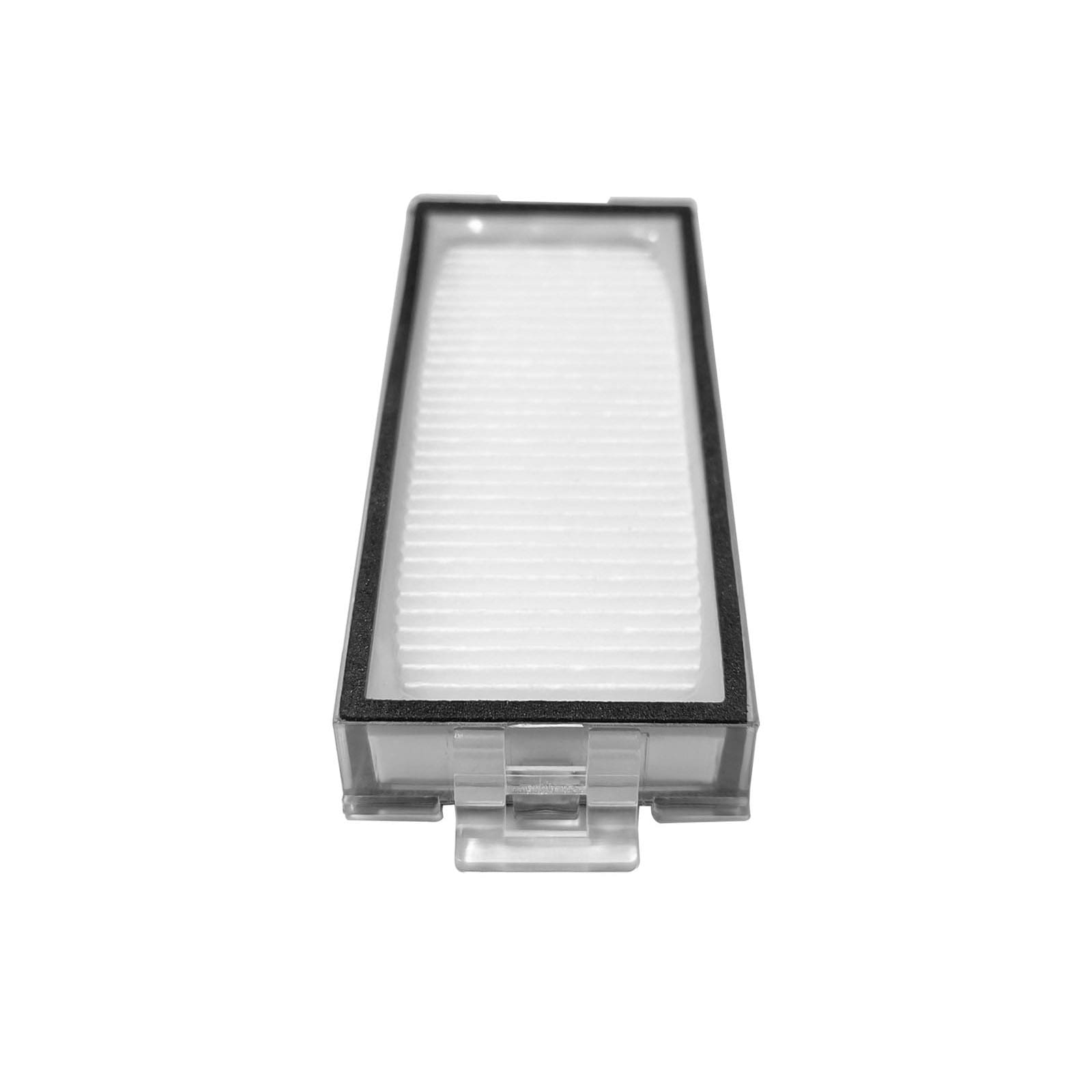 Ein weißer HEPA-Filter mit schwarzem Rahmen und transparentem Gehäuse.