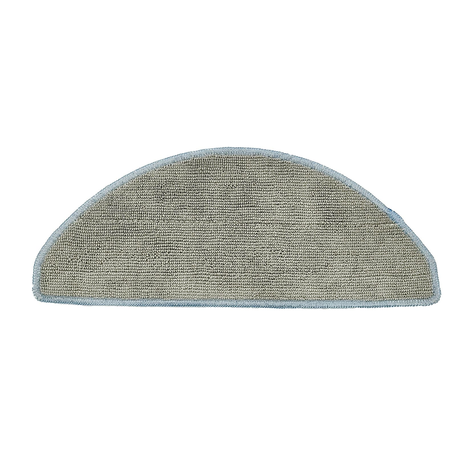 Grauer halbkreisförmiger Teppich mit blauer Umrandung.