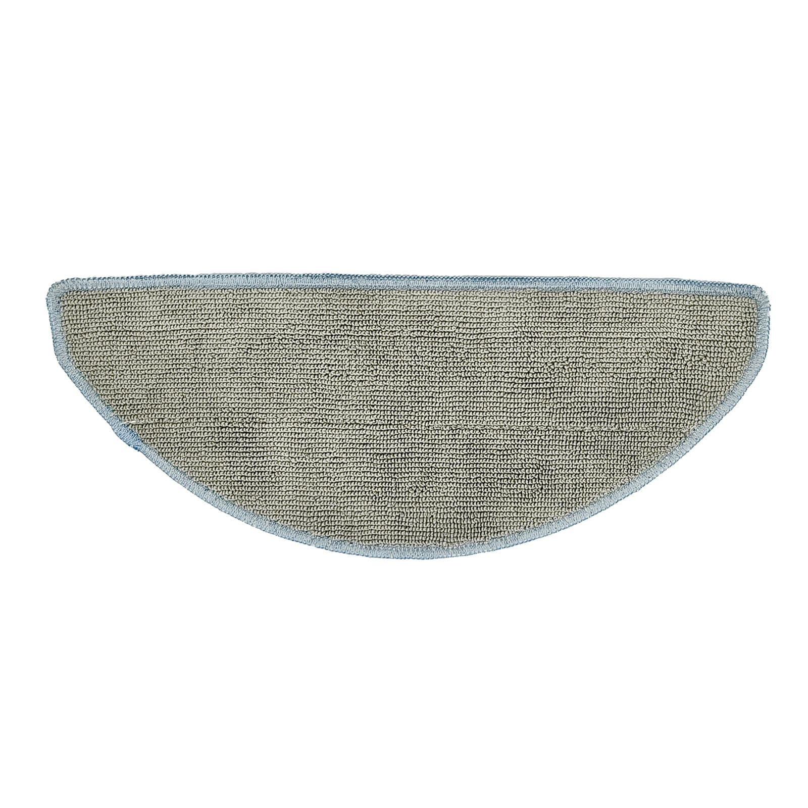 Ein halbkreisförmiger Teppich mit grauem Stoff und blauer Kante.