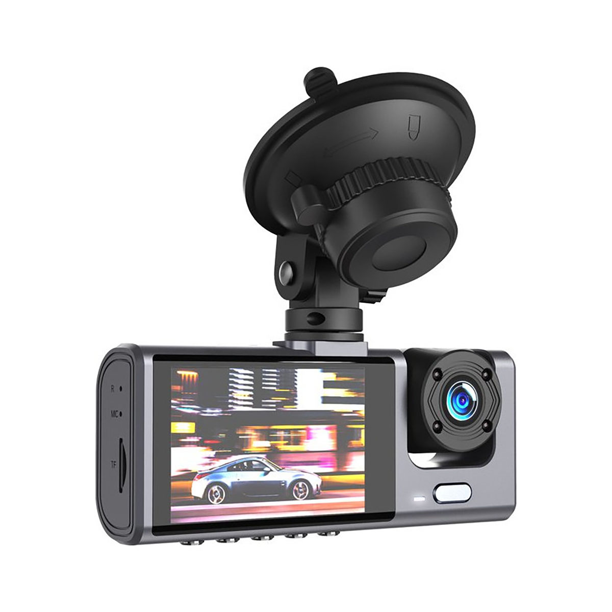 Ein Auto-DVR mit Saugfußbefestigung und Bildschirm, der ein fahrendes Auto zeigt.