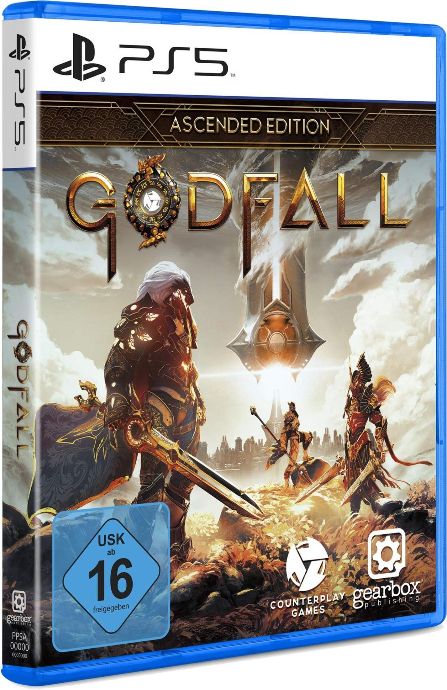Custodia gioco Godfall Ascended Edition PS5 con guerrieri e spada.