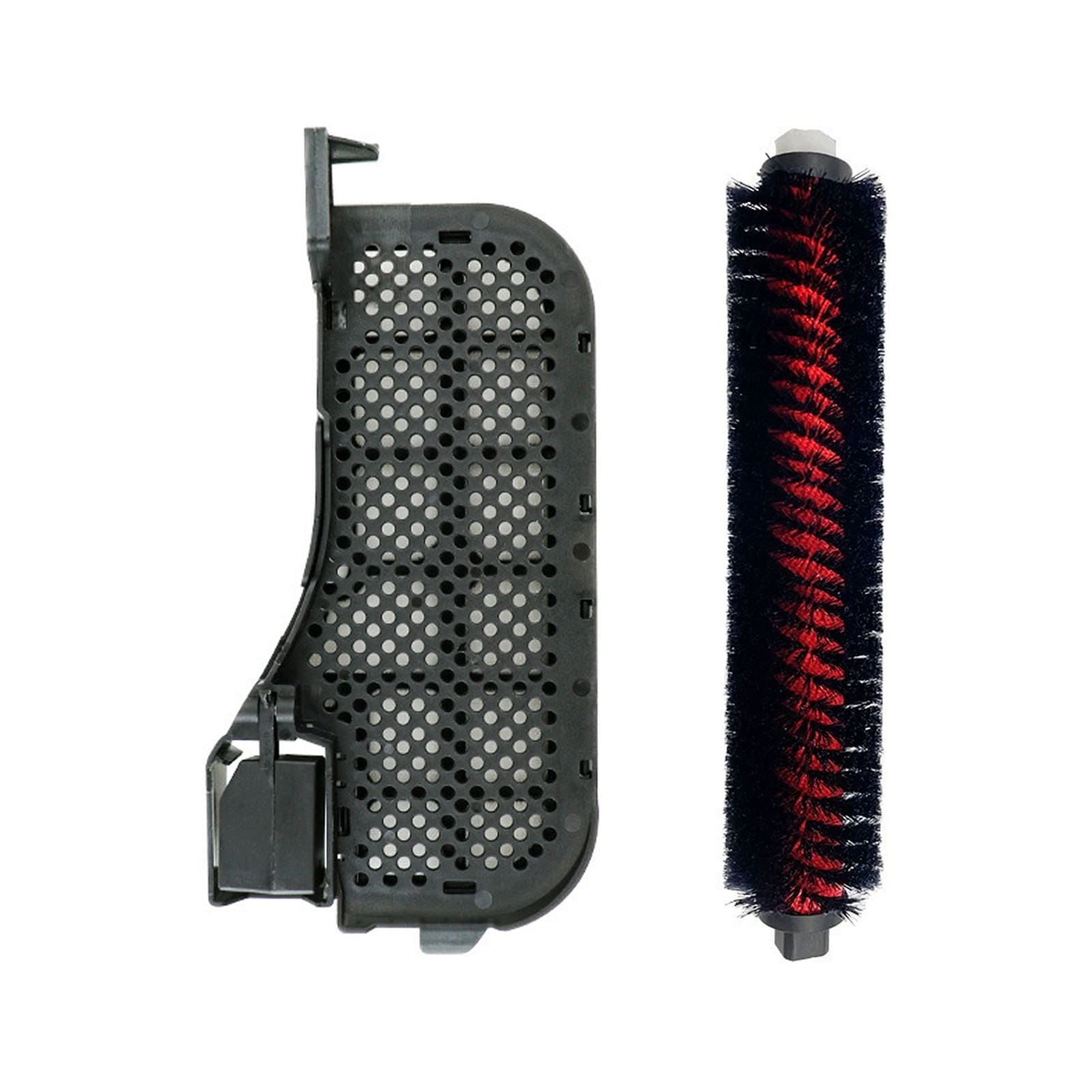 Ein schwarzer Bürstenkopf mit roten Borsten neben einem perforierten schwarzen Gehäuse.