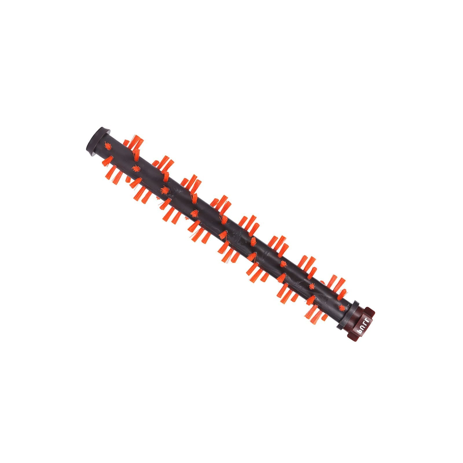 Schwarze Bürstenrolle mit orangefarbenen Borsten, auf weißem Hintergrund.