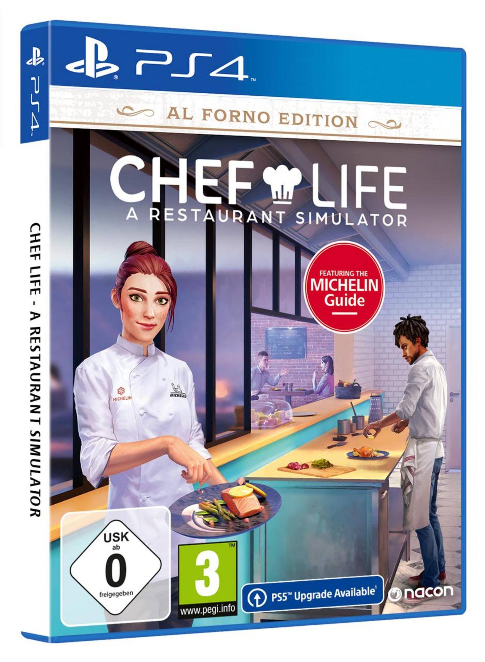 Couverture du jeu PS4 "Chef Life", montrant des chefs, de la nourriture.