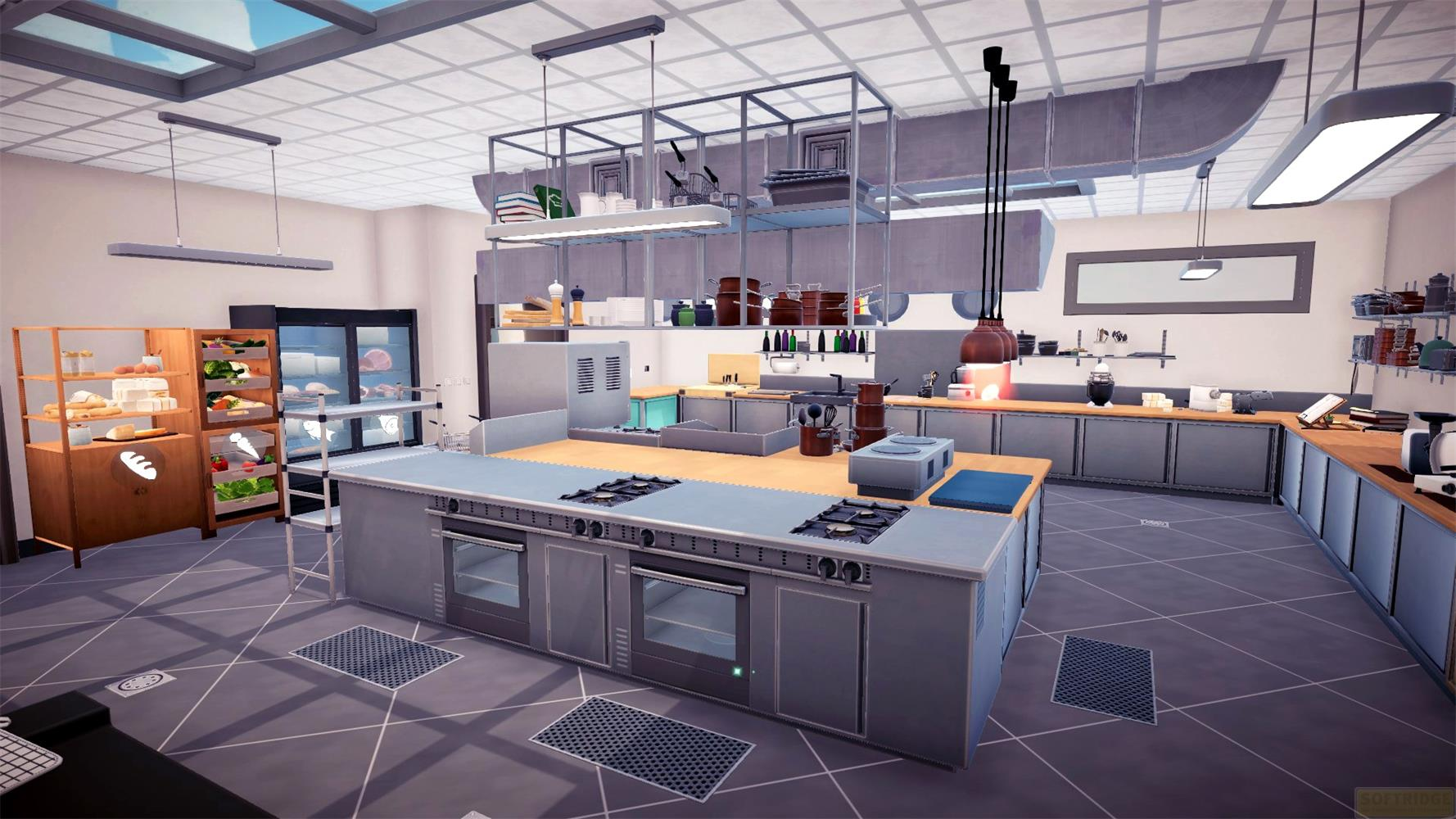 Une cuisine professionnelle moderne avec surfaces et appareils en acier inoxydable.