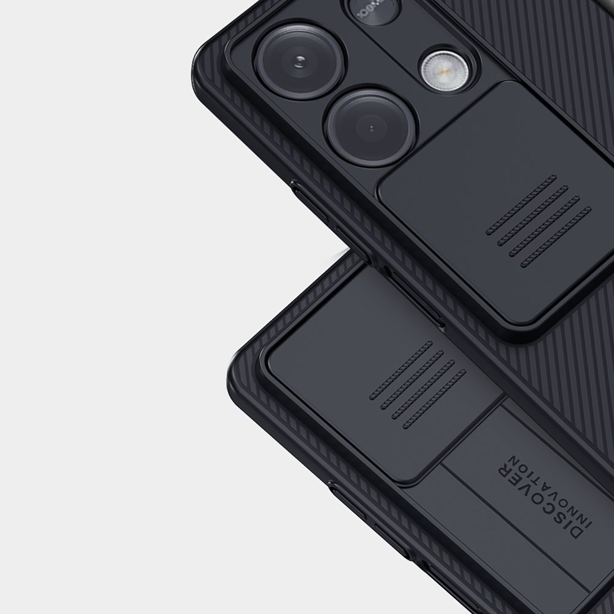 Due custodie nere per telefono con copri fotocamera impilate.