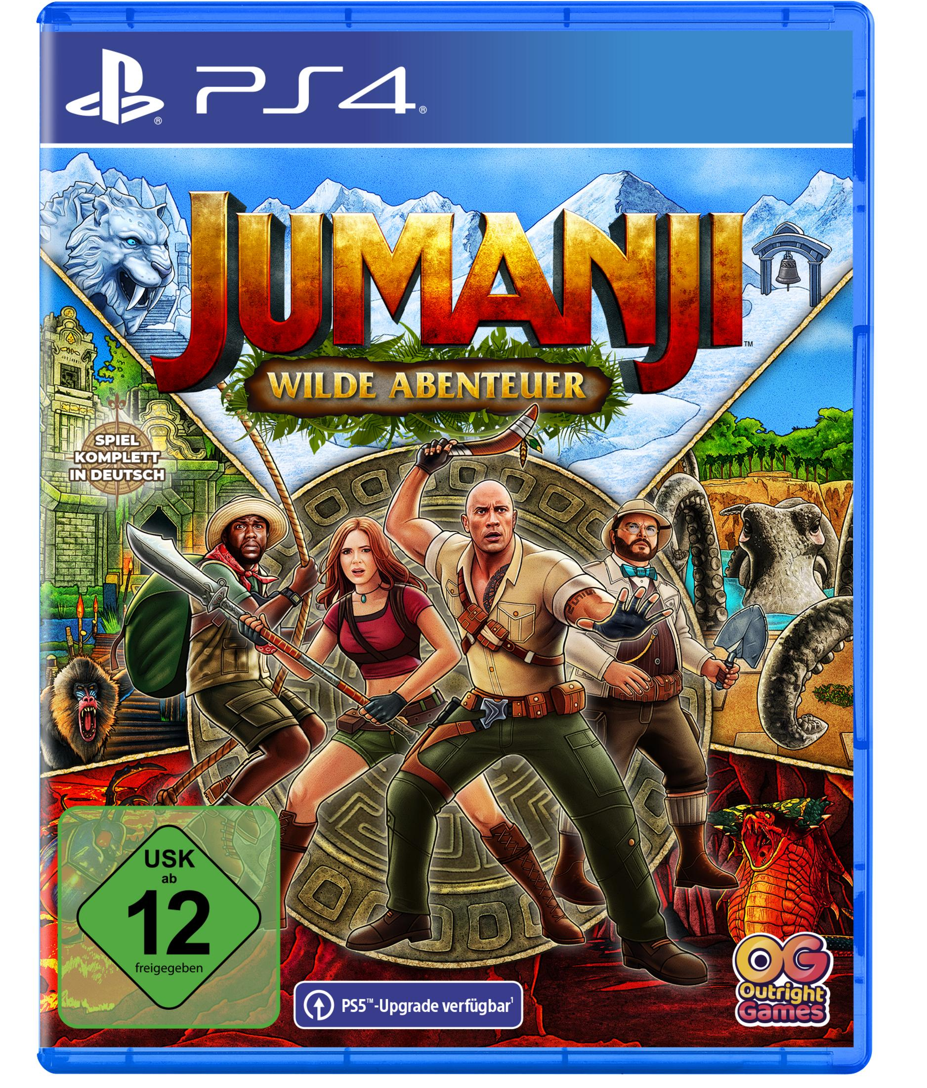 Copertina videogioco Jumanji: Avventure selvagge per PS4, con quattro personaggi.