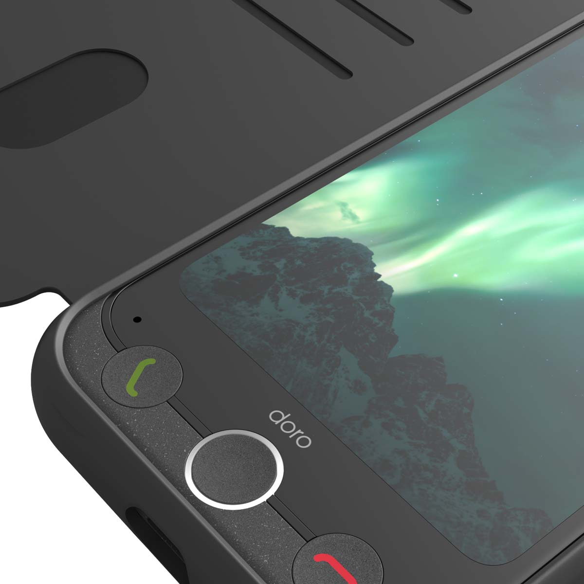Ein schwarzes Mobiltelefon mit einem Bild des Nordlichts über Bergen.