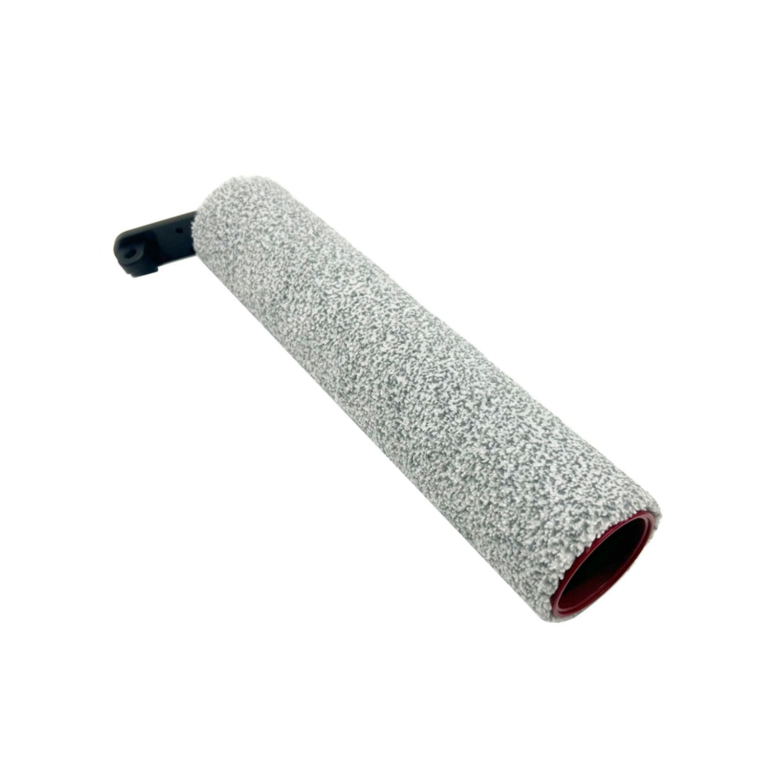 Graue Bürstenrolle mit schwarzem Griff und rotem Rand.