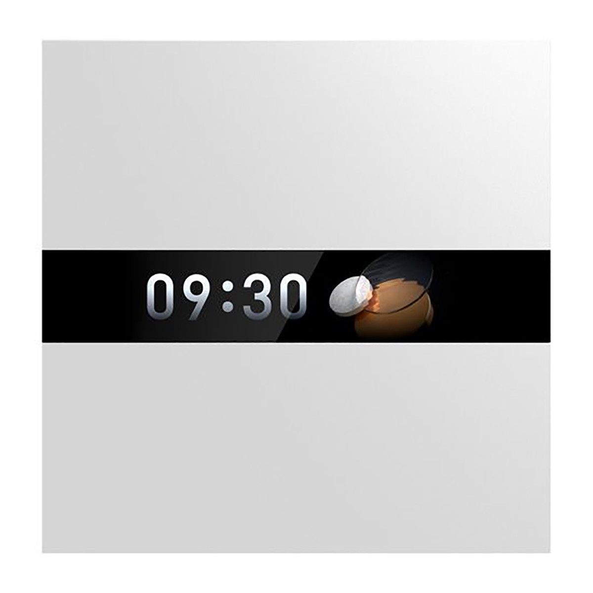 Cyfrowy wyświetlacz pokazuje 09:30 i abstrakcyjny kształt.