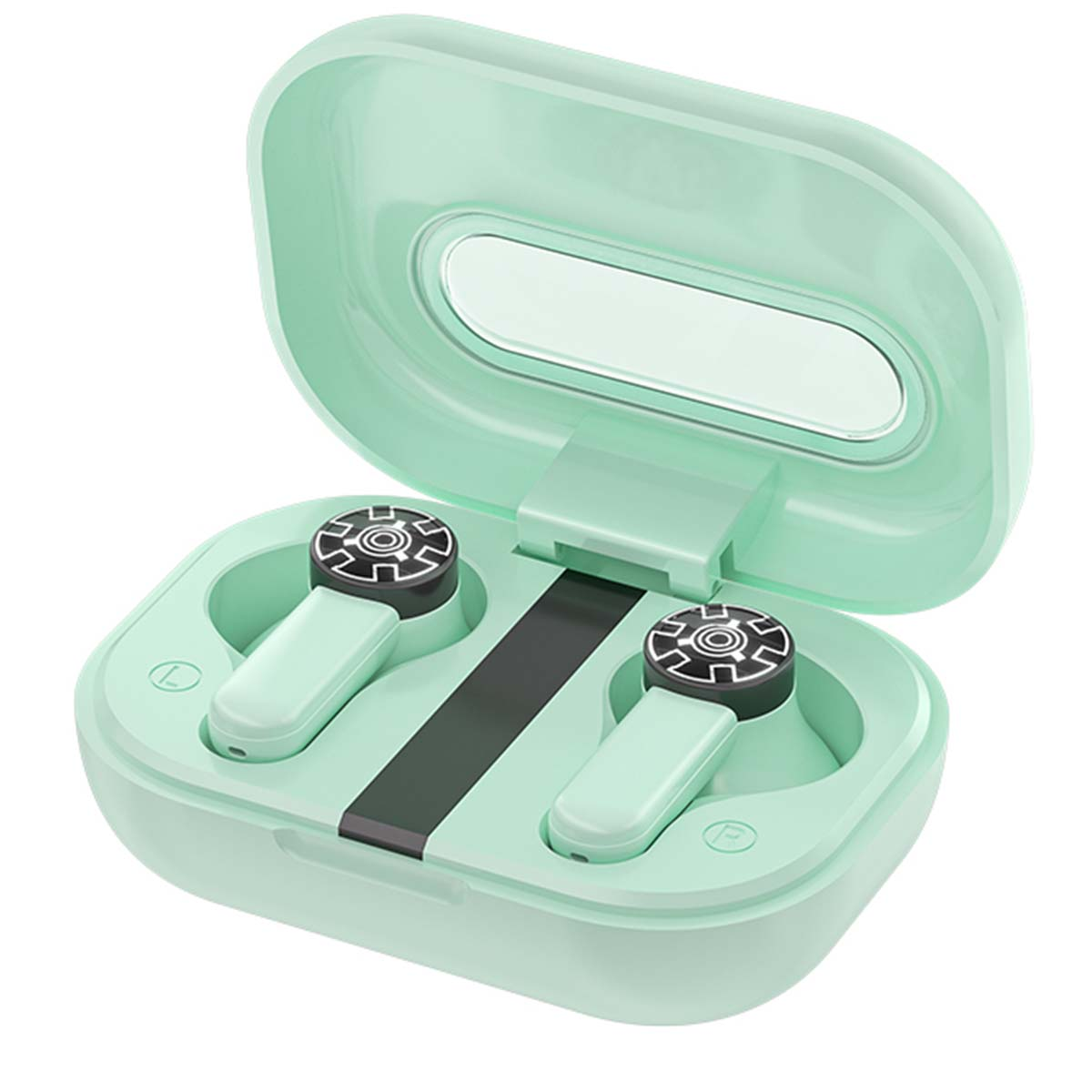 Auricolari wireless verde menta in una custodia di ricarica aperta su sfondo bianco.