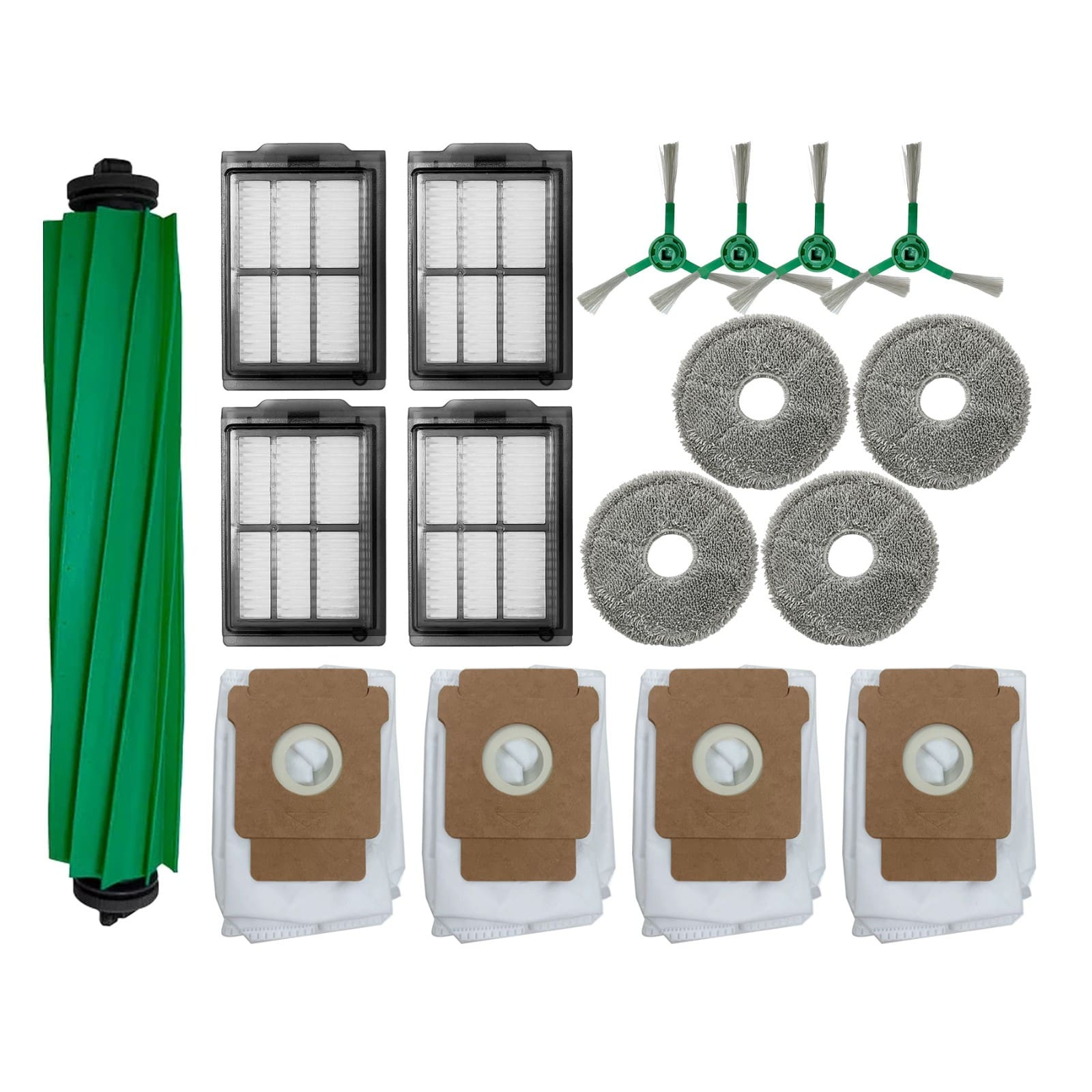 Ein grüner Bürstenkopf, vier Filter, vier Mopp-Pads und vier Staubbeutel.