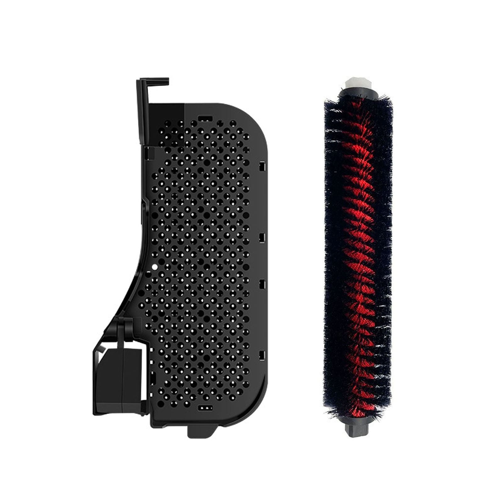 Ein schwarzer Filterrahmen mit Lochmuster und eine schwarze Bürste mit roten Borsten.