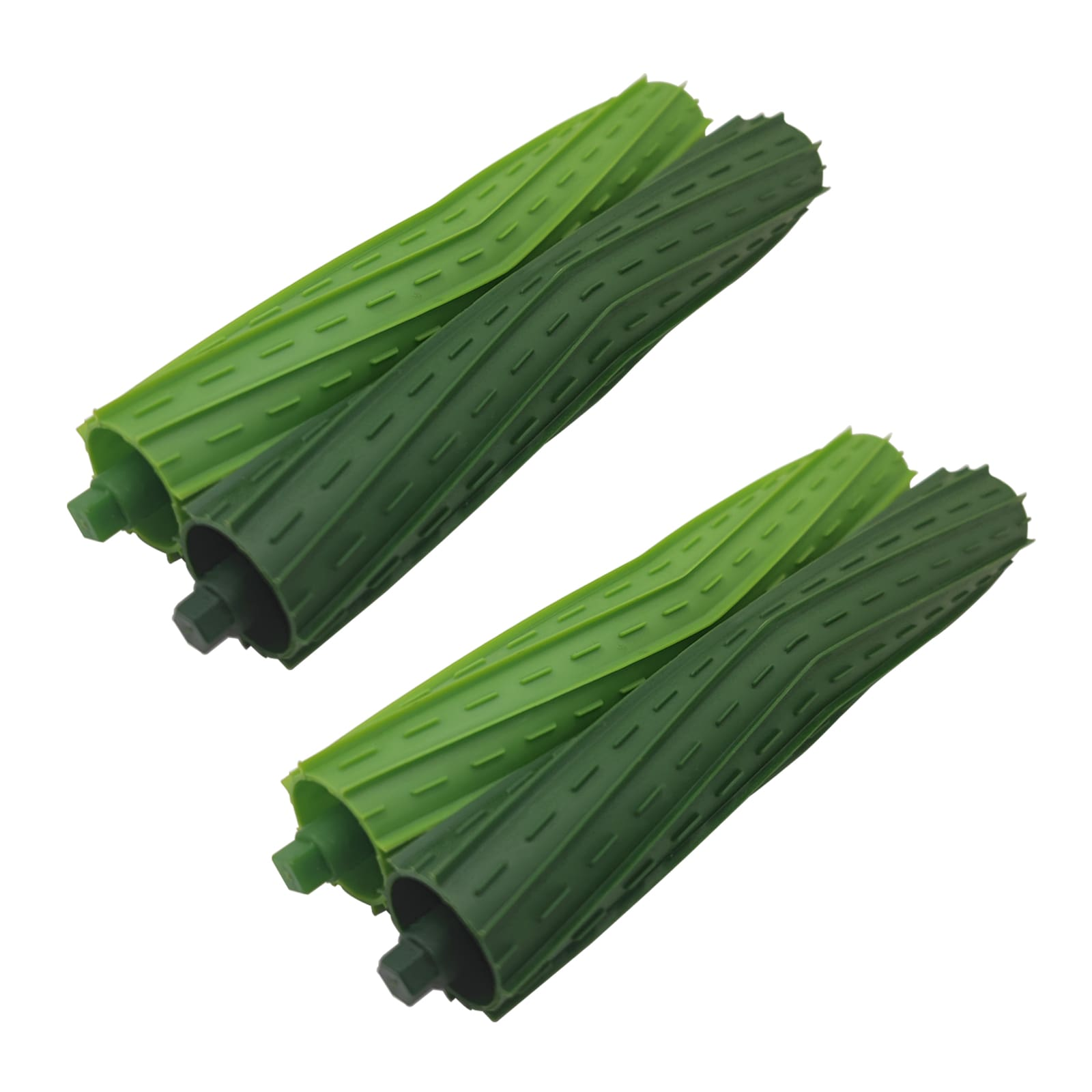 Deux rouleaux de brosse verts avec rainures et points sur fond blanc.