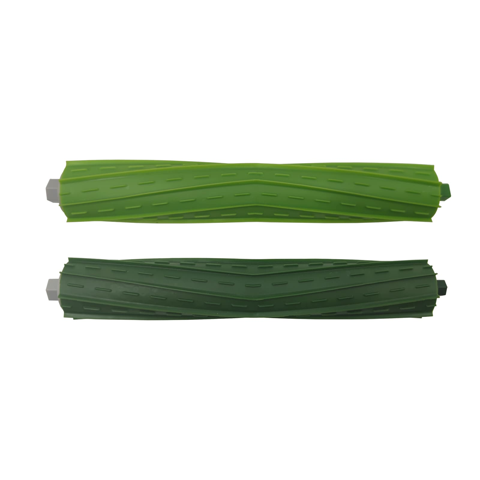 Deux rouleaux brosse verts avec rainures et capuchons gris.
