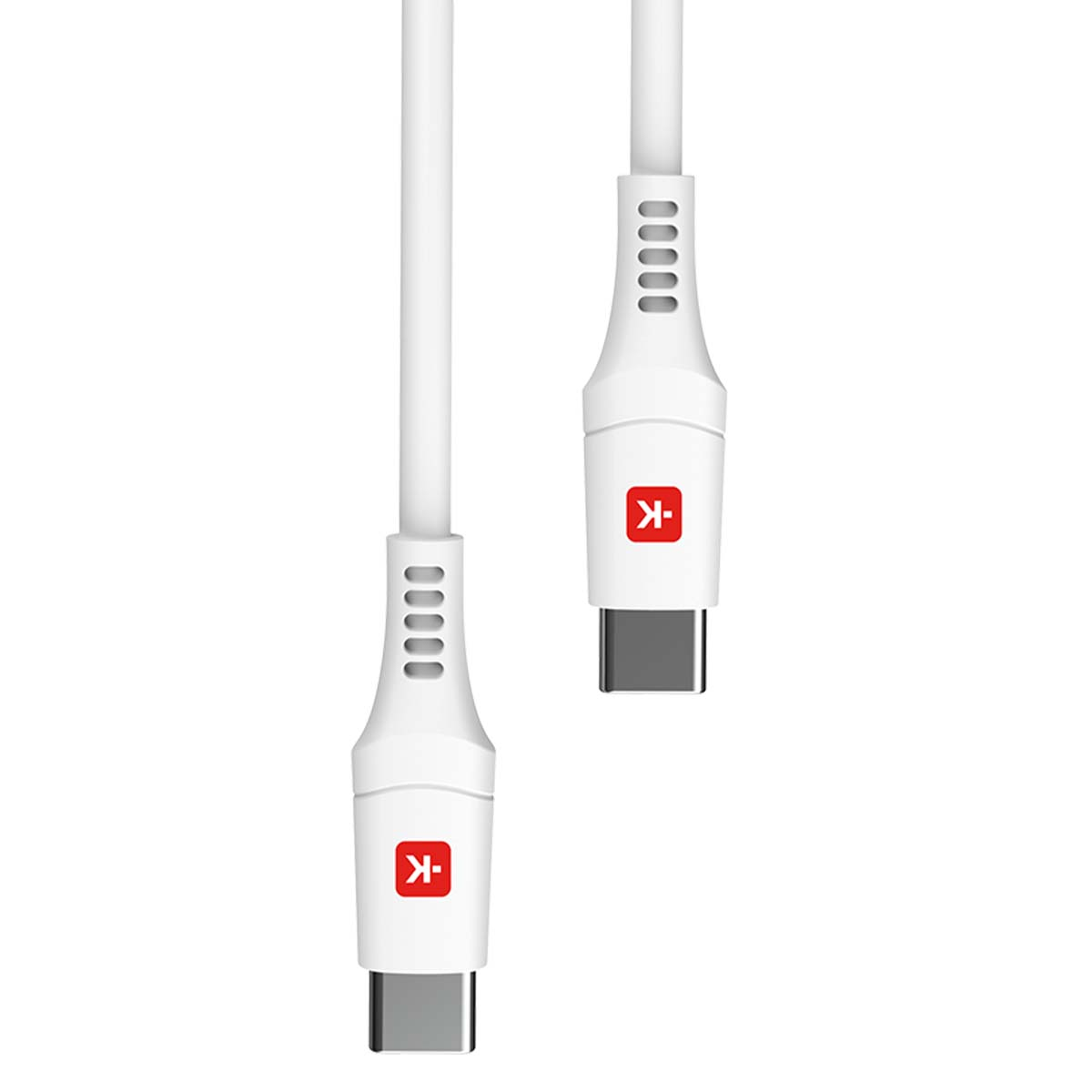 Due cavi USB-C bianchi con loghi K rossi su sfondo bianco.
