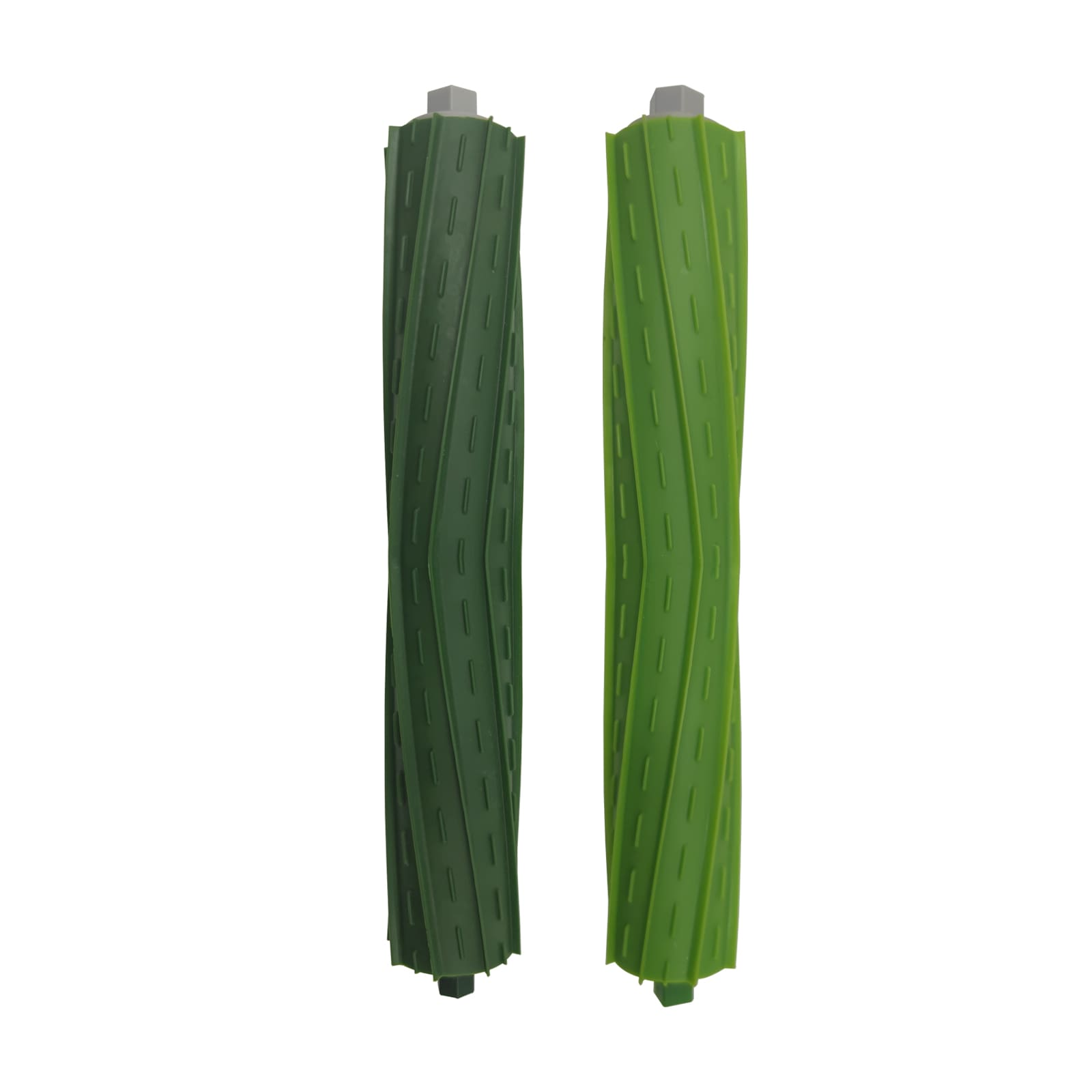 Deux rouleaux en caoutchouc verts avec rainures et capuchons gris.
