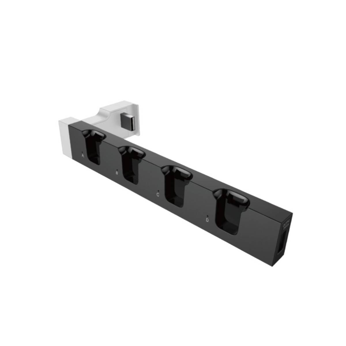 Schwarzes Lade-Dock mit vier Schlitzen, montiert an einer weißen Wandhalterung.