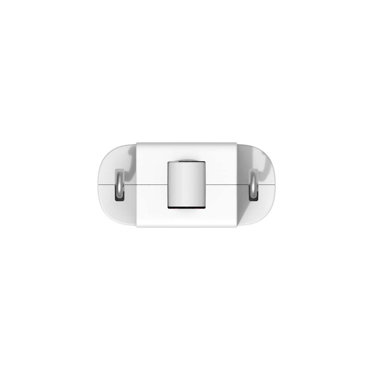Un caricabatterie bianco con due punte metalliche rivolte verso l'alto.