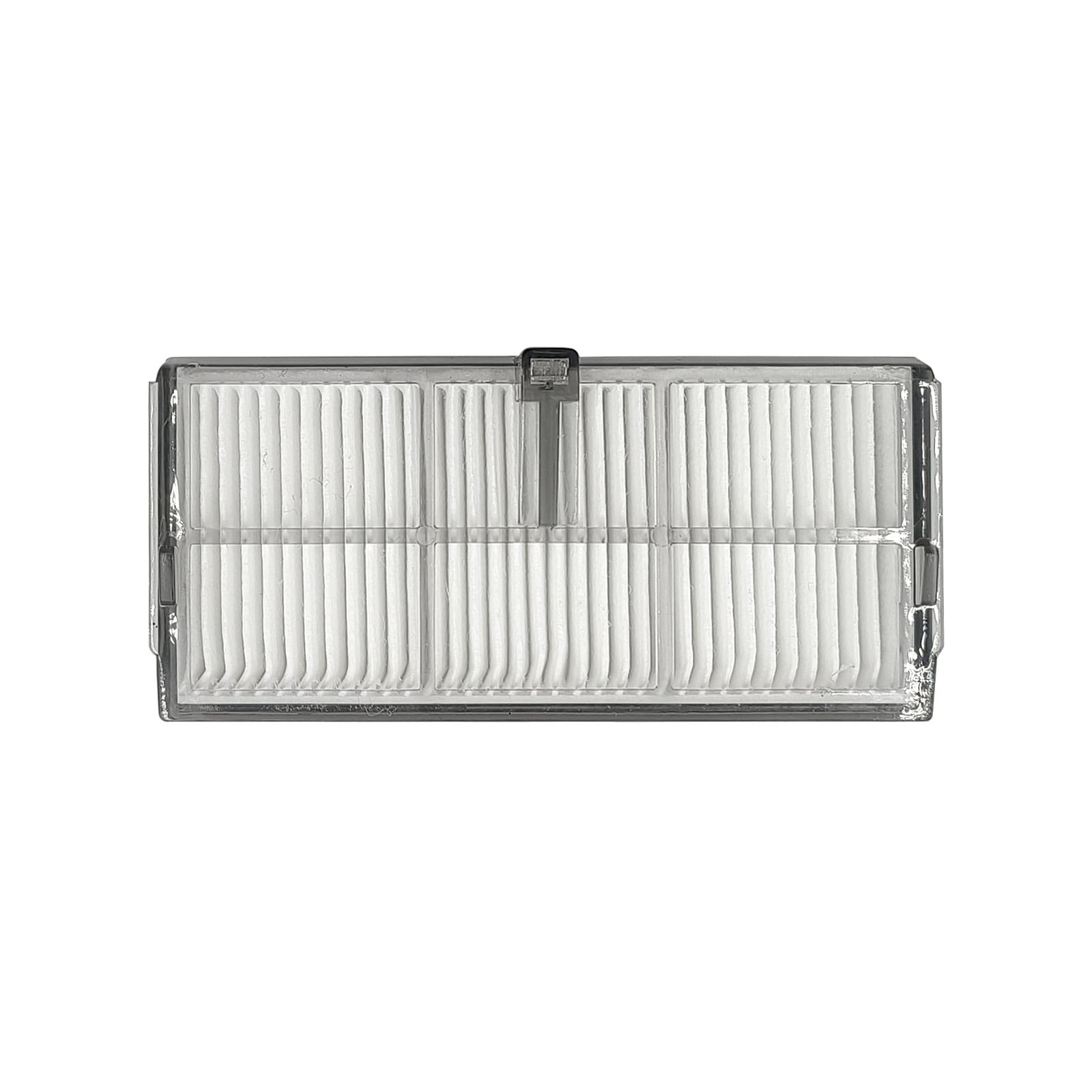 Ein rechteckiger Staubsaugerfilter mit weißem Faltenmaterial und transparentem Gehäuse.