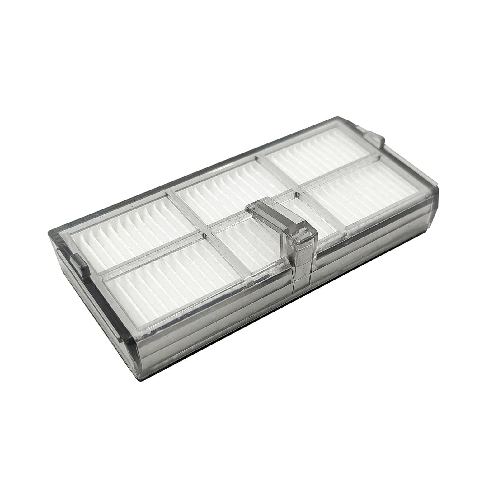 Ein rechteckiger Staubfilter mit transparentem Gehäuse und weißen Lamellen.