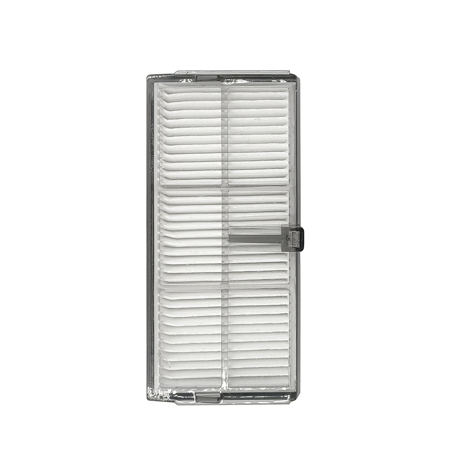 Ein rechteckiger Staubsaugerfilter mit weißem Lamellenmaterial und transparentem Gehäuse.
