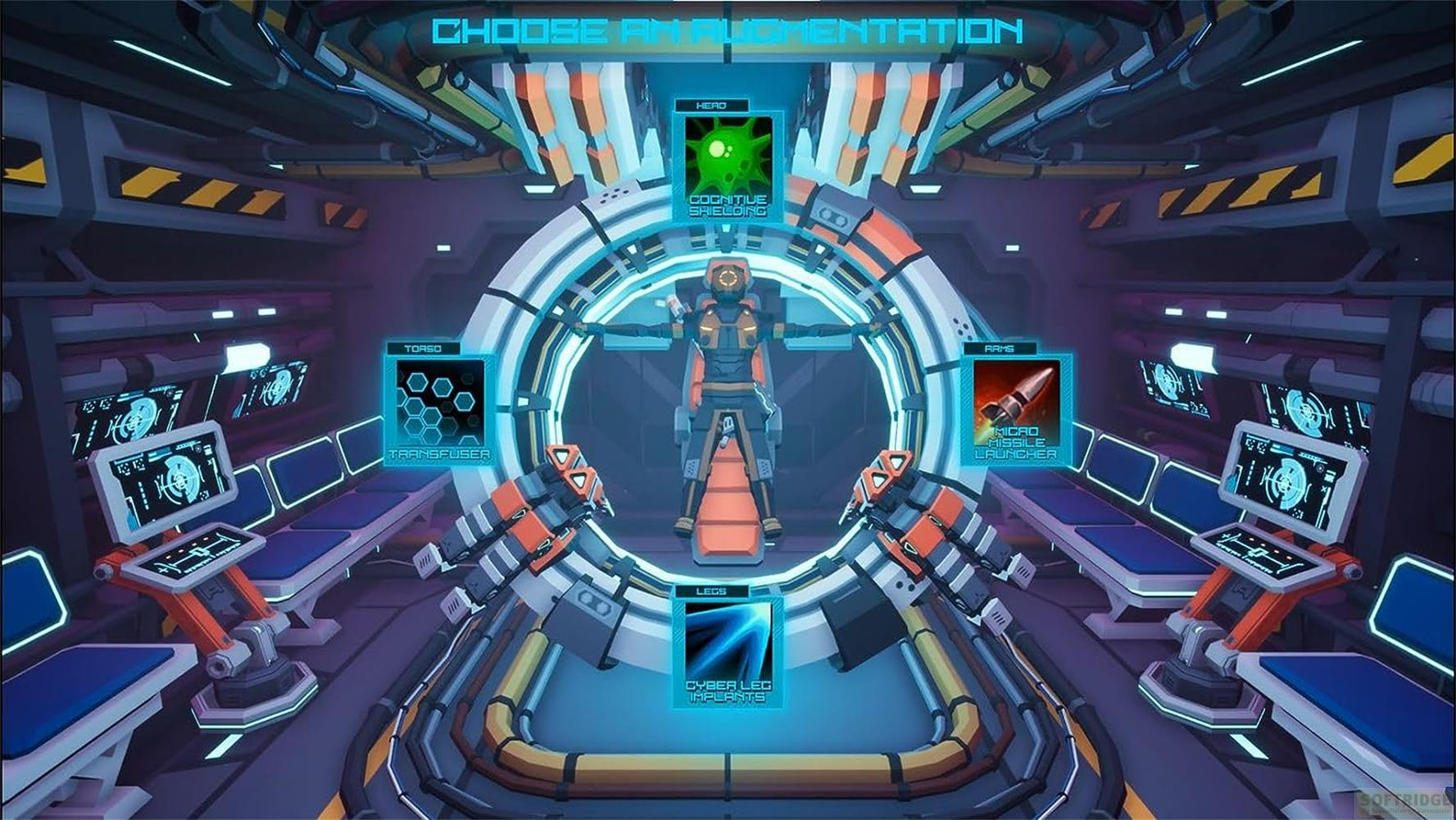 Cabina sci-fi con avatar e selezione di potenziamenti.